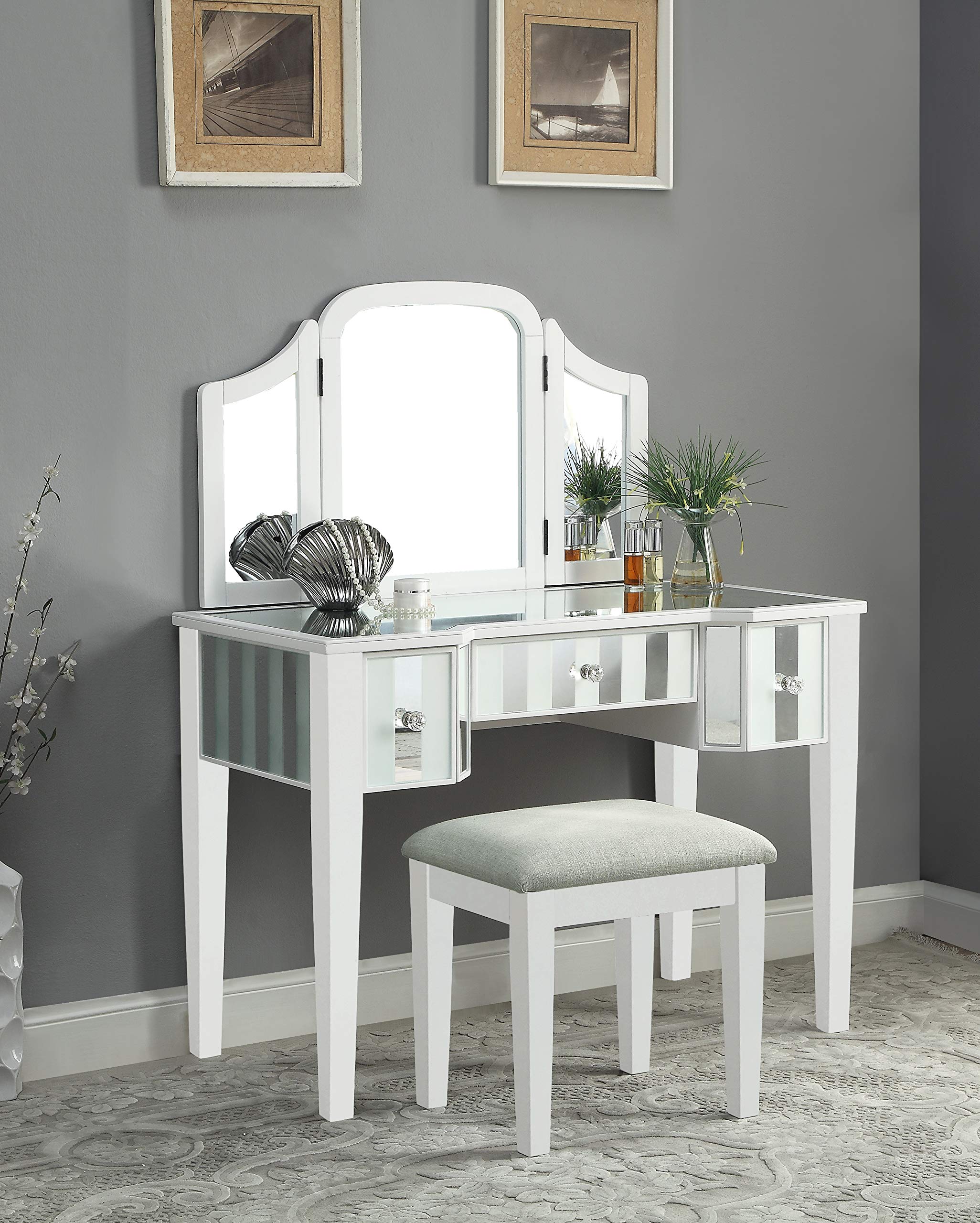 HOMES: Inside + Out Rovaniemi Vanity Set with Mirror, White - Modern Bathroom Vanity for Small Spaces, Perfect for Makeup & Skincare Organization