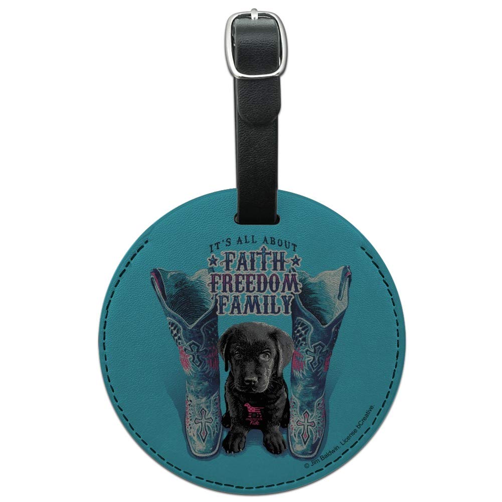 Faith Freedom Family Leather Luggage Tag - Round Boots Design ID Card Holder for Travel Bags & Suitcases | Perfect for Airports, Business Trips & Vacation