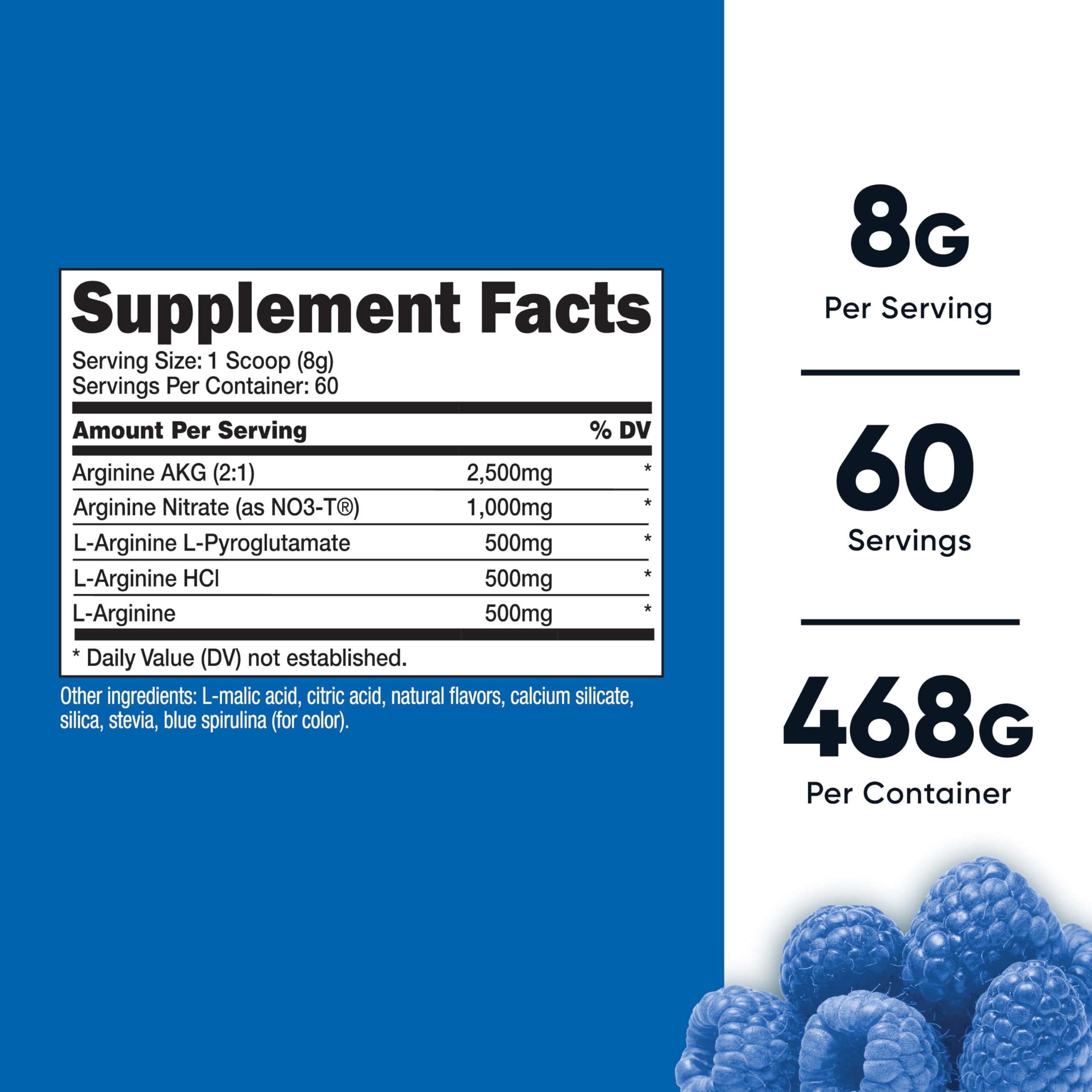 Nutricost L-Arginine Complex Powder - Blue Raspberry Flavor, 60 Servings | Gluten Free, Non-GMO Supplement for Workout Recovery, Heart Health & Energy Boost