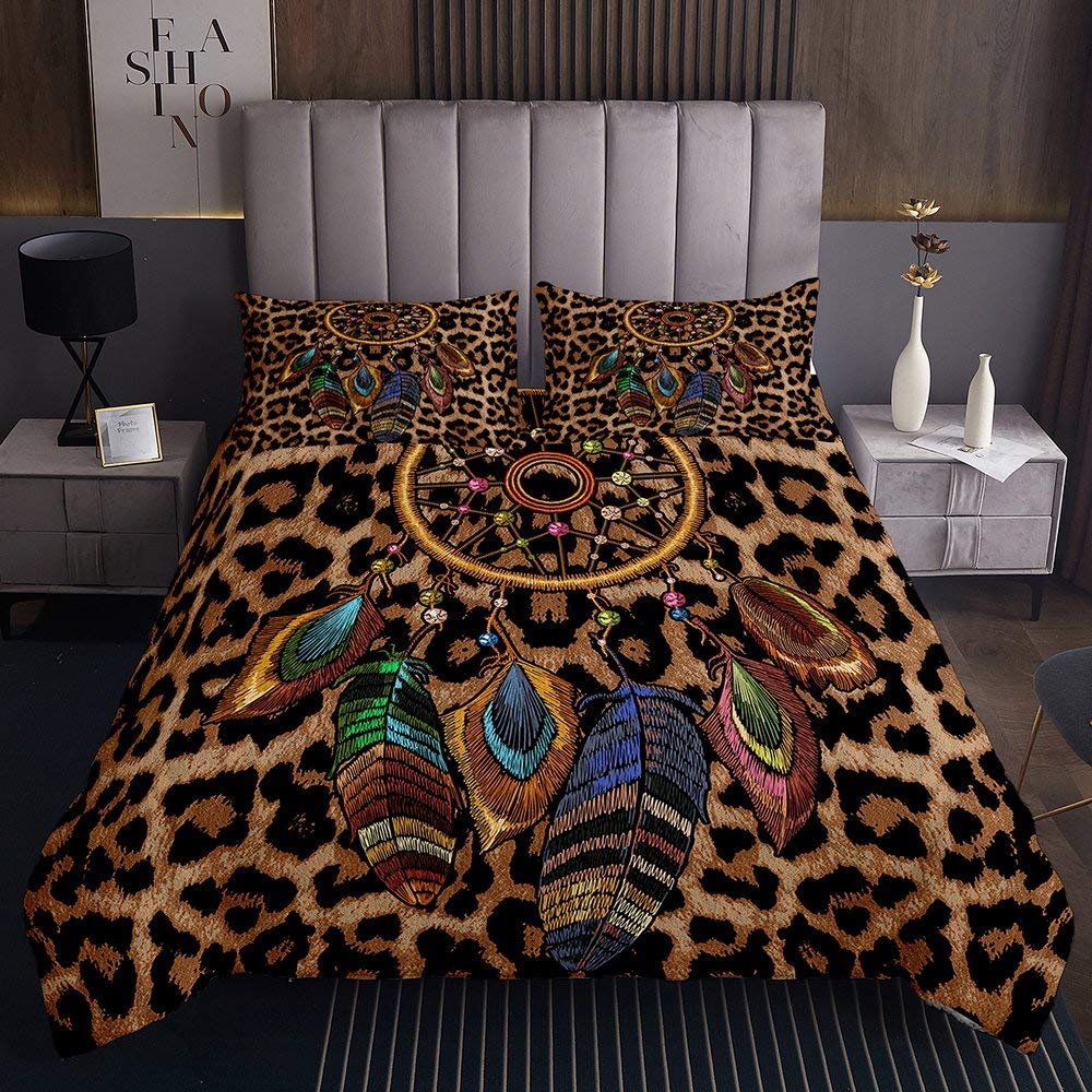 Dream Catcher Bedding Set Queen Size - 3 Piece Coverlet Set with 2 Pillow Shams, Feather & Leopard Print Comforter Cover for Kids, Teens & Adults | Boho Chic Bedroom Decor for Guest Rooms & Dorm Essentials