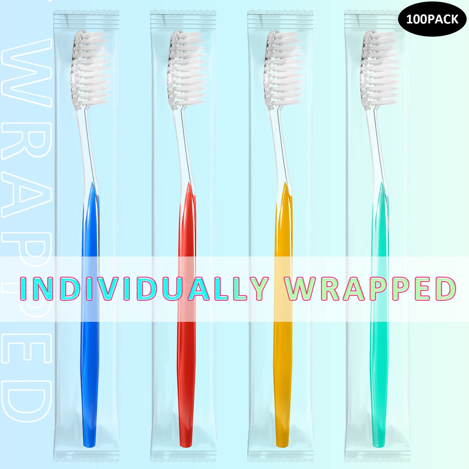 Disposable Toothbrushes 100 Pack - Individually Wrapped Travel Toothbrushes with Medium Soft Bristles for Adults & Kids | Portable Dental Care Essentials for Camping, Hotels, Airplanes & Emergency Kits (4 Colors)