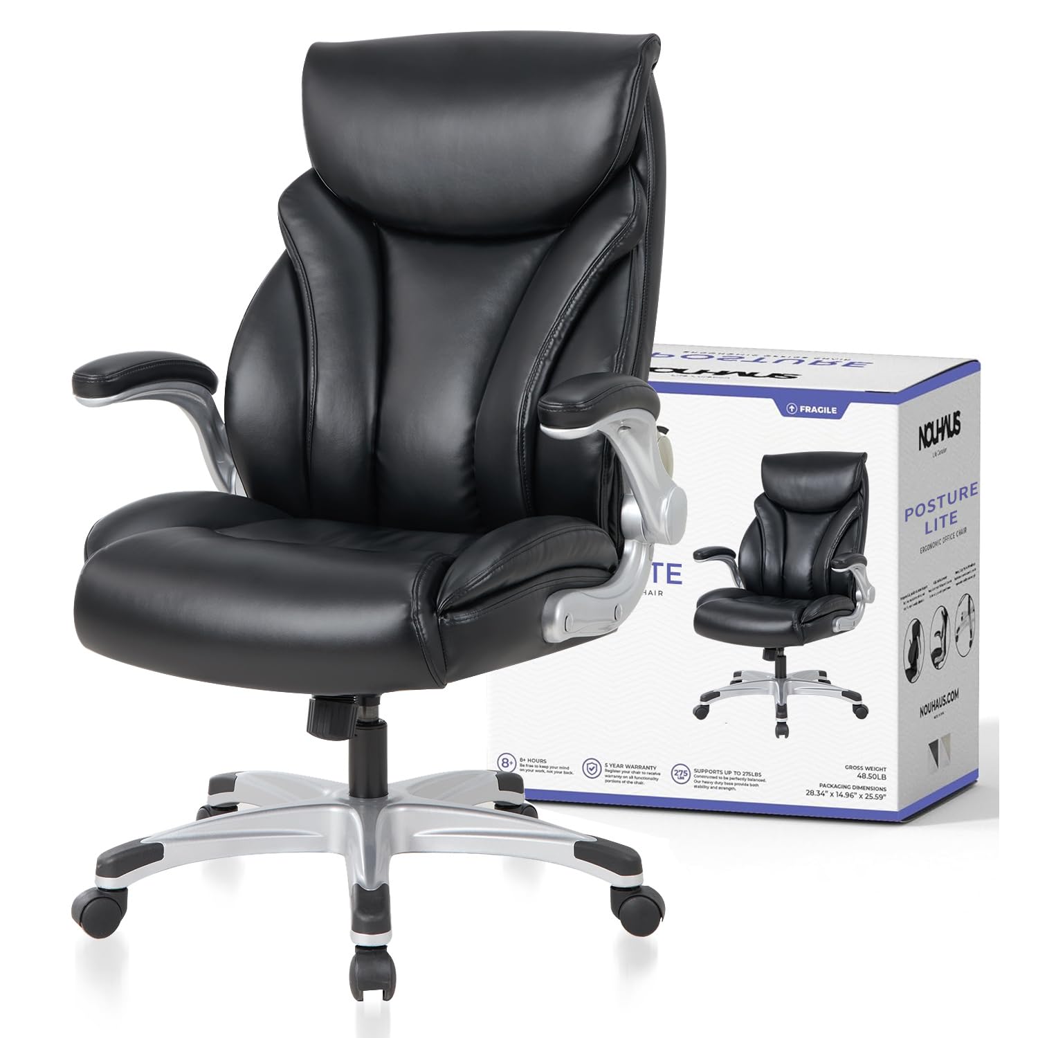 Nouhaus Big and Tall Office Chair with Lumbar Support - High Back Ergonomic Executive Desk Chair, Adjustable Flip-Up Armrests, PU Leather Computer Chair for Home & Office (Posture Lite, Black) - Perfect for Long Work Hours, Gaming, and Professional Workspaces