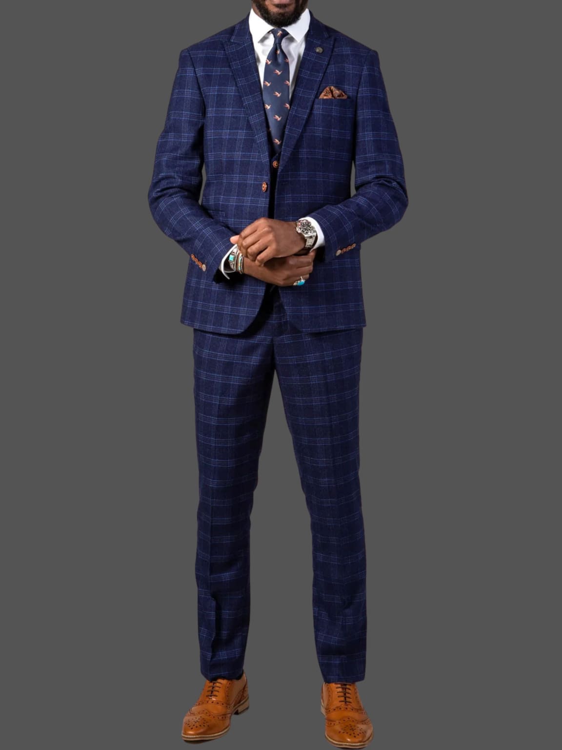 Marc Darcy Chigwell Men's Blue Tweed Check 3 Piece Suit - Formal Business Attire for Weddings, Office & Special Occasions