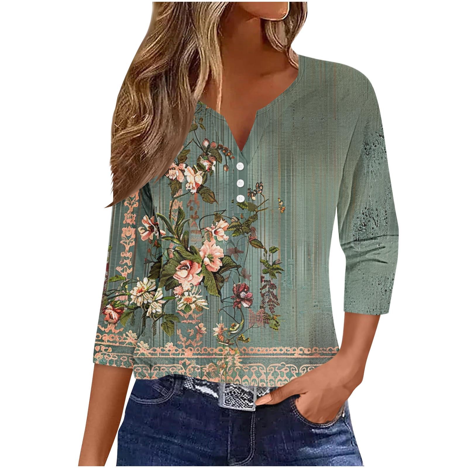 Women's 3/4 Sleeve V-Neck T-Shirt - Summer Vacation Floral Print Henley Blouse with Button Details | Trendy & Comfortable Casual Top for Beach Outings, Travel & Everyday Wear