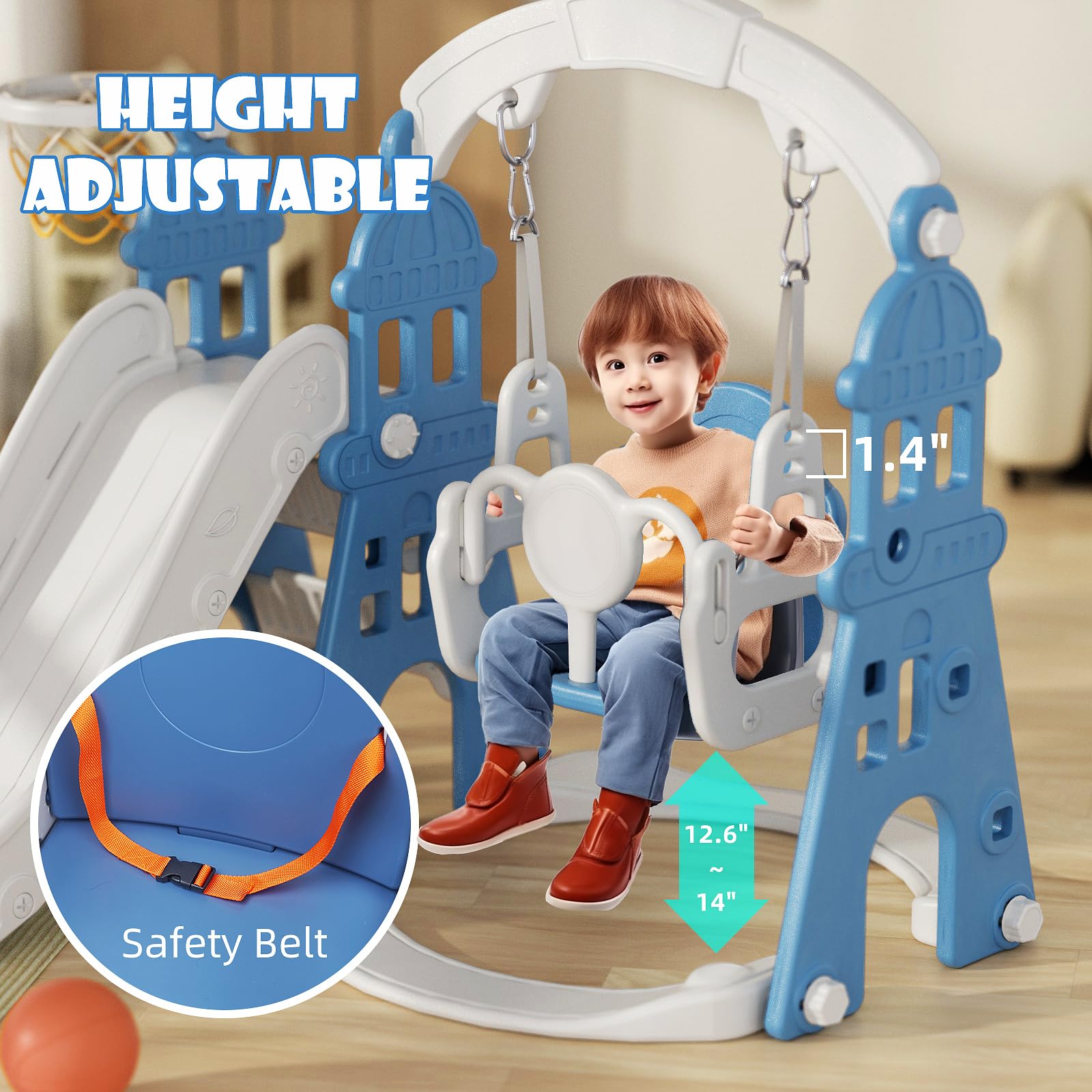 XJD 6-in-1 Toddler Slide and Swing Set for Kids Ages 1-3 - Outdoor Indoor Playground with Basketball Hoop, Football Frame & Swing - Blue | Perfect for Backyard, Garden, Nursery & Daycare Play Areas