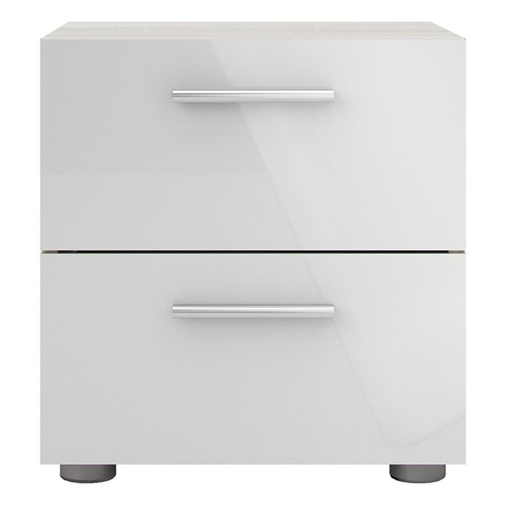 Modern 2-Drawer Oak Nightstand with White Gloss Finish - Perfect for Bedroom, Living Room, or Office Storage