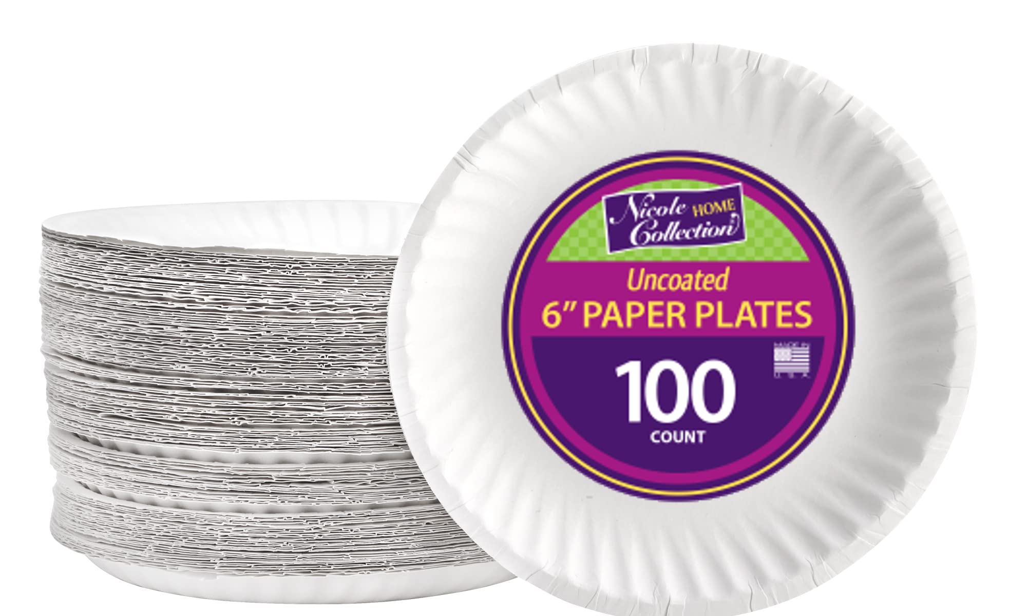 Nicole Home Collection White Paper Plates (6 Inch - 100 Count) - Disposable Dinner Plates for Parties, Picnics, BBQs & Everyday Use