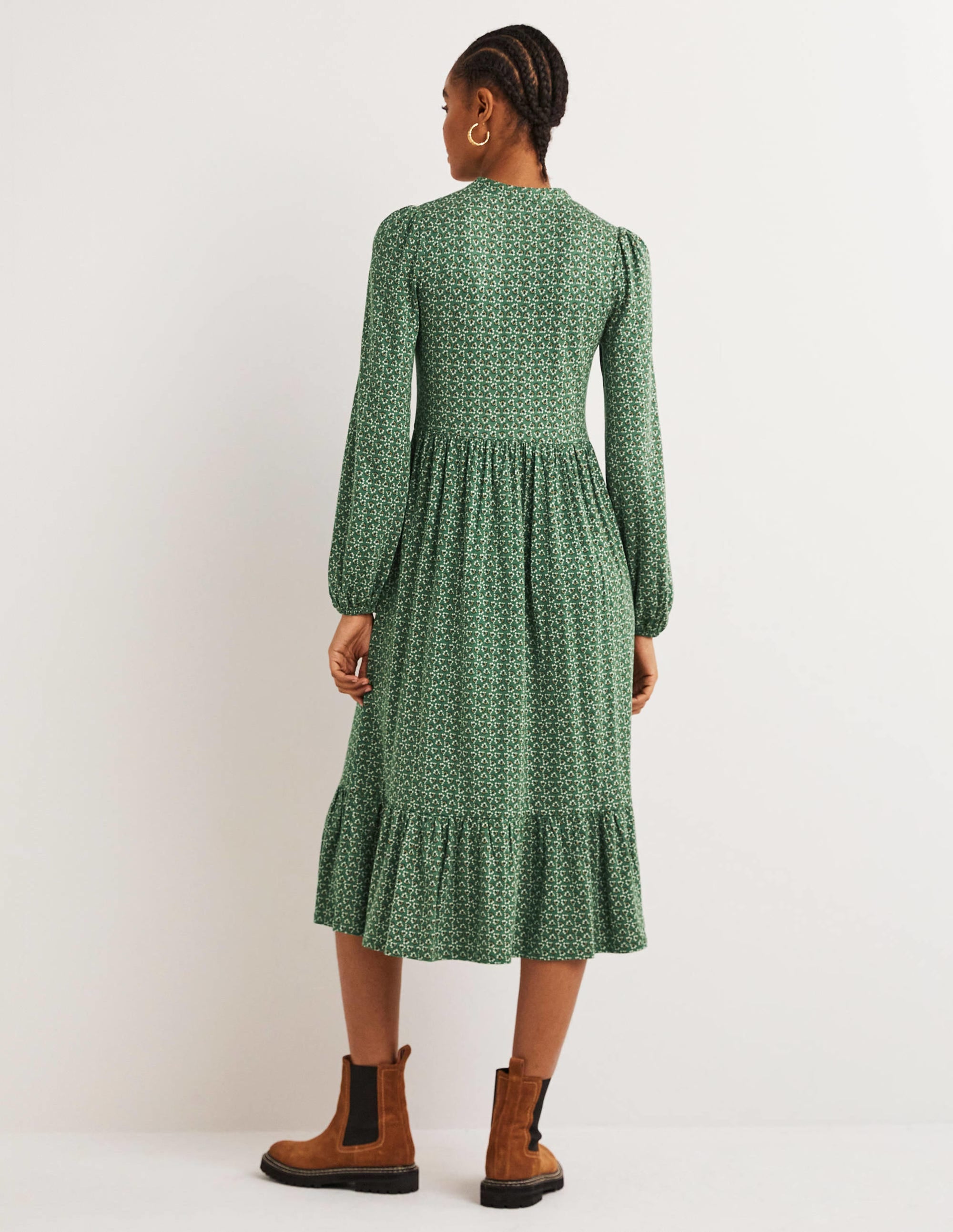 Buttoned Jersey Midi Dress in Hunter Green with Diamond Bud Design - Perfect for Casual Outings, Office Wear & Special Occasions