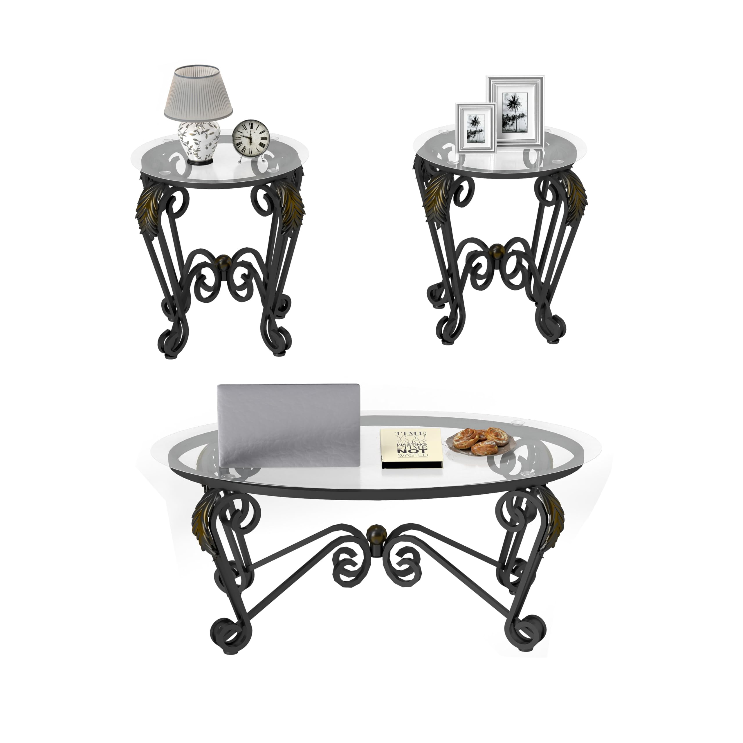 **Industrial Farmhouse 3-Piece Coffee Table Set - Tempered Glass Elliptical Coffee Table & 2 Round Side Tables, Modern Metal Frame for Living Room, Apartment, Home Office (Rustic Black) - Perfect for Cozy Gatherings & Stylish Home Decor**