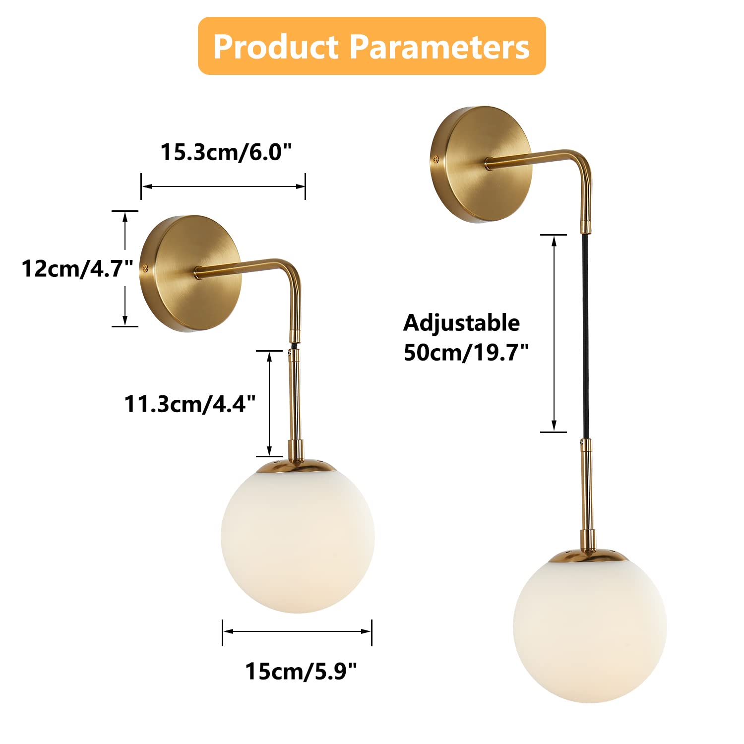 BOKT Frosted White Glass Wall Sconce - Mid Century Modern Globe Ball Light with Brushed Brass Gold Finish - Adjustable Industrial Vanity Bathroom Wall Lamp (Gold+White) - Perfect for Bedroom, Living Room, and Bathroom Lighting