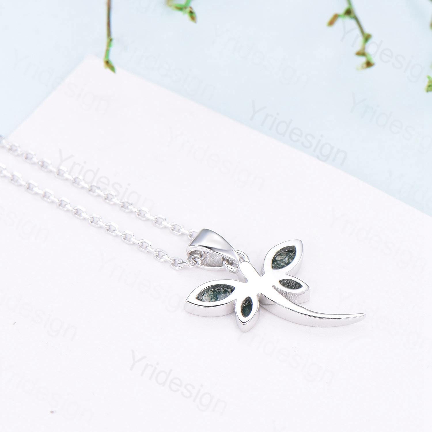 Elegant Marquise Cut Moss Agate Pendant Necklace - Bezel Set Green Agate with Delicate Dragonfly Accent - Unique Anniversary Gift for Women - Perfect for Weddings, Date Nights & Special Occasions