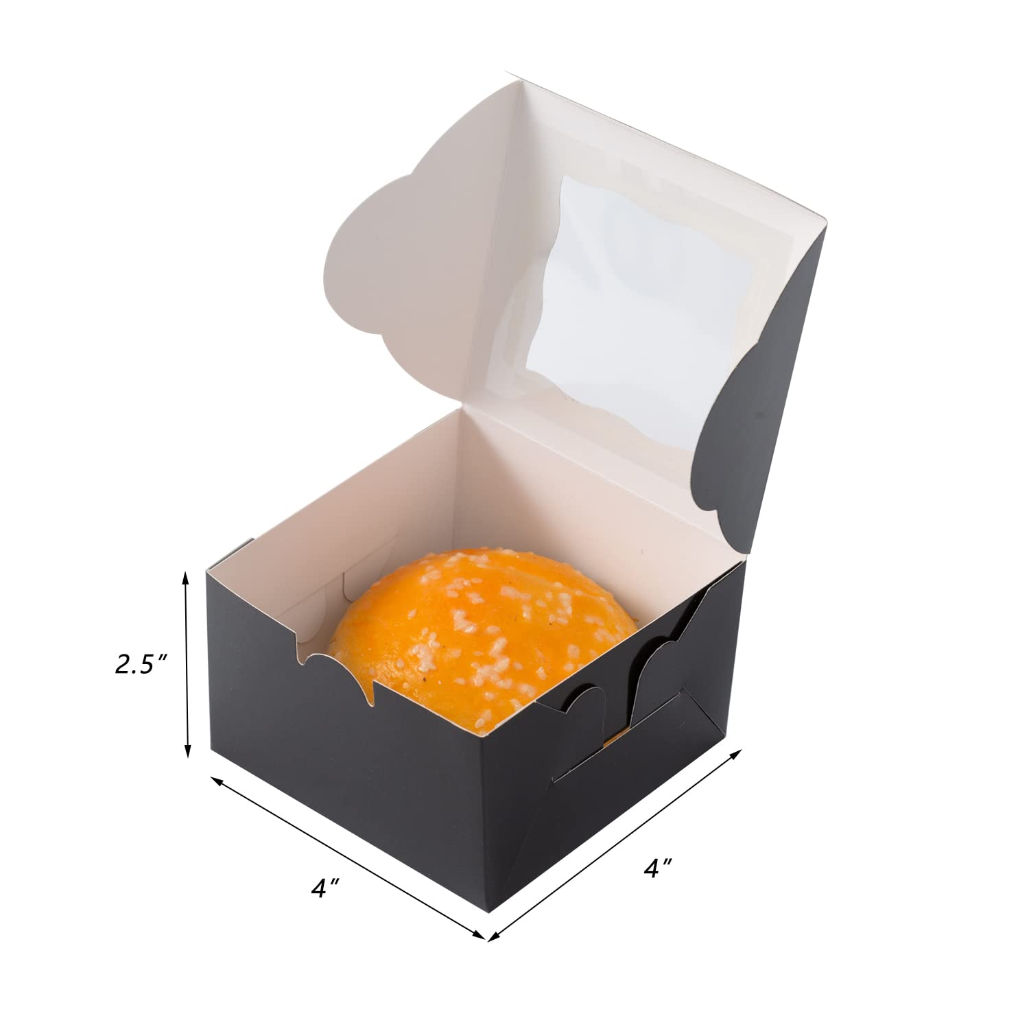 100-Pack 4x4x2.5 Inch Small Bakery Boxes with Window - Mini Cake & Pastry Boxes for Cupcakes, Donuts, Chocolate Strawberries, Desserts, Candies | Perfect for Home Baking, Party Favors, Wedding Treats & Gift Packaging (Black)