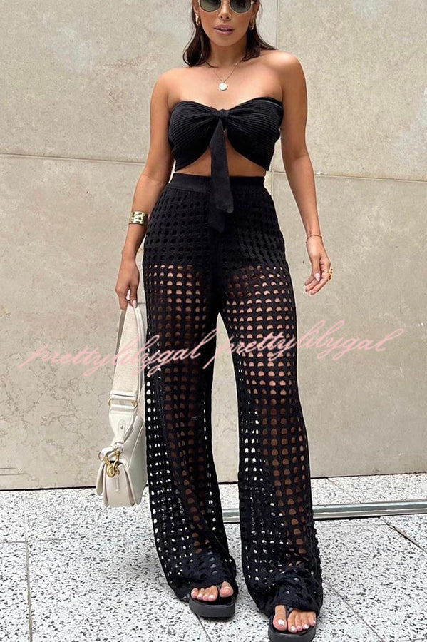 Riley Knit Front Knotted Bandeau & Stretch Hollow Out Wide Leg Pants Set - Women's Summer Outfit for Beach Vacation & Boho Fashion