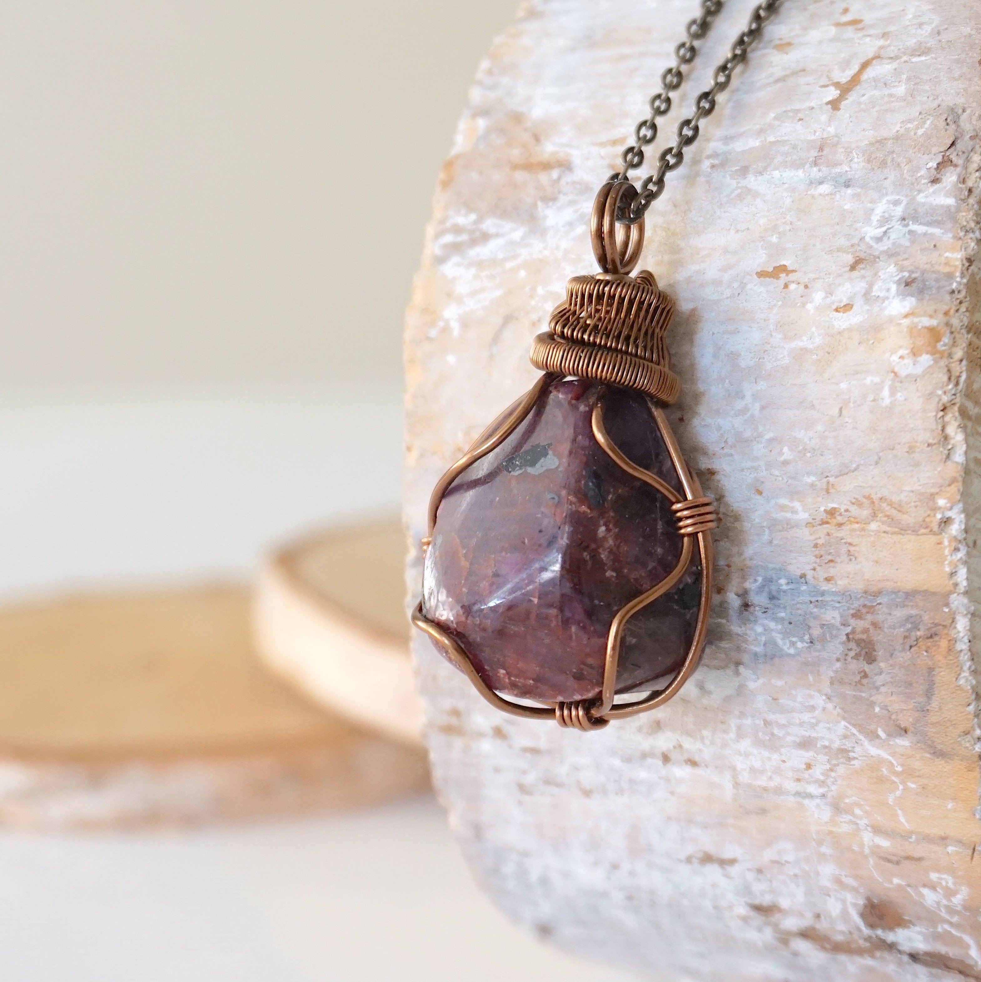 Raw Ruby Necklace in Antique Bronze - Handmade Bohemian Jewelry for Women, Perfect for Boho Chic Outfits & Special Occasions