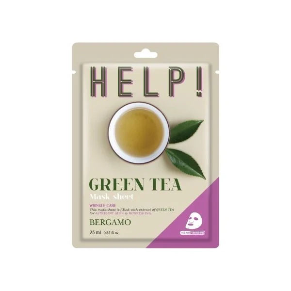 Bergamo Help! Green Tea Mask Pack - 25ml x 10 Sheets - Hydrating & Soothing Facial Sheet Masks for Glowing Skin | Perfect for Spa Day, Self-Care Routine & Travel Skincare