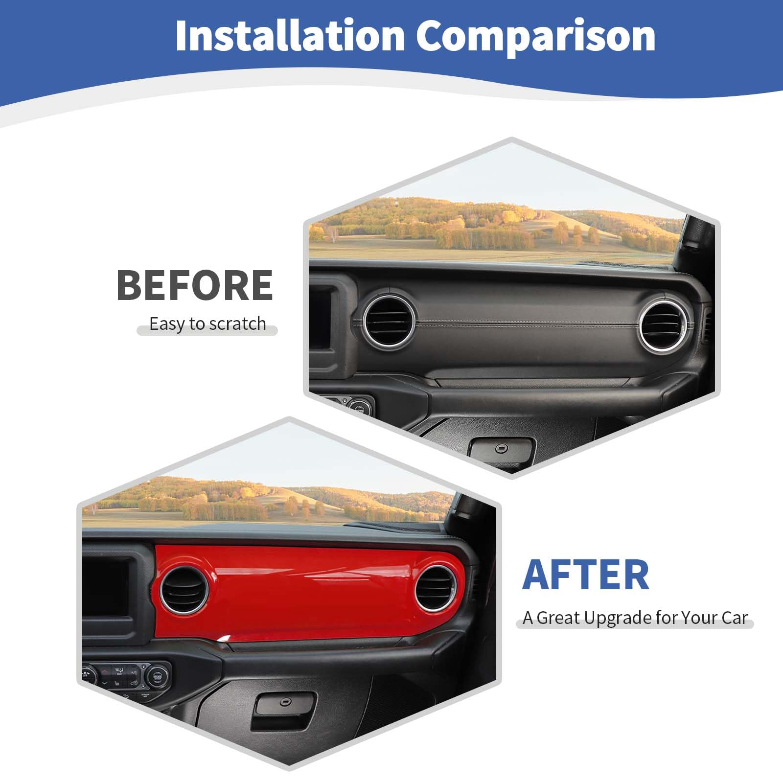 Red RT-TCZ Dash Trim Cover & Gear Shift Panel Trim Frame for Jeep Wrangler JL/JLU/Gladiator JT (2018-2023) - 3pc Interior Accessories - Upgrade Your Ride's Style & Protection