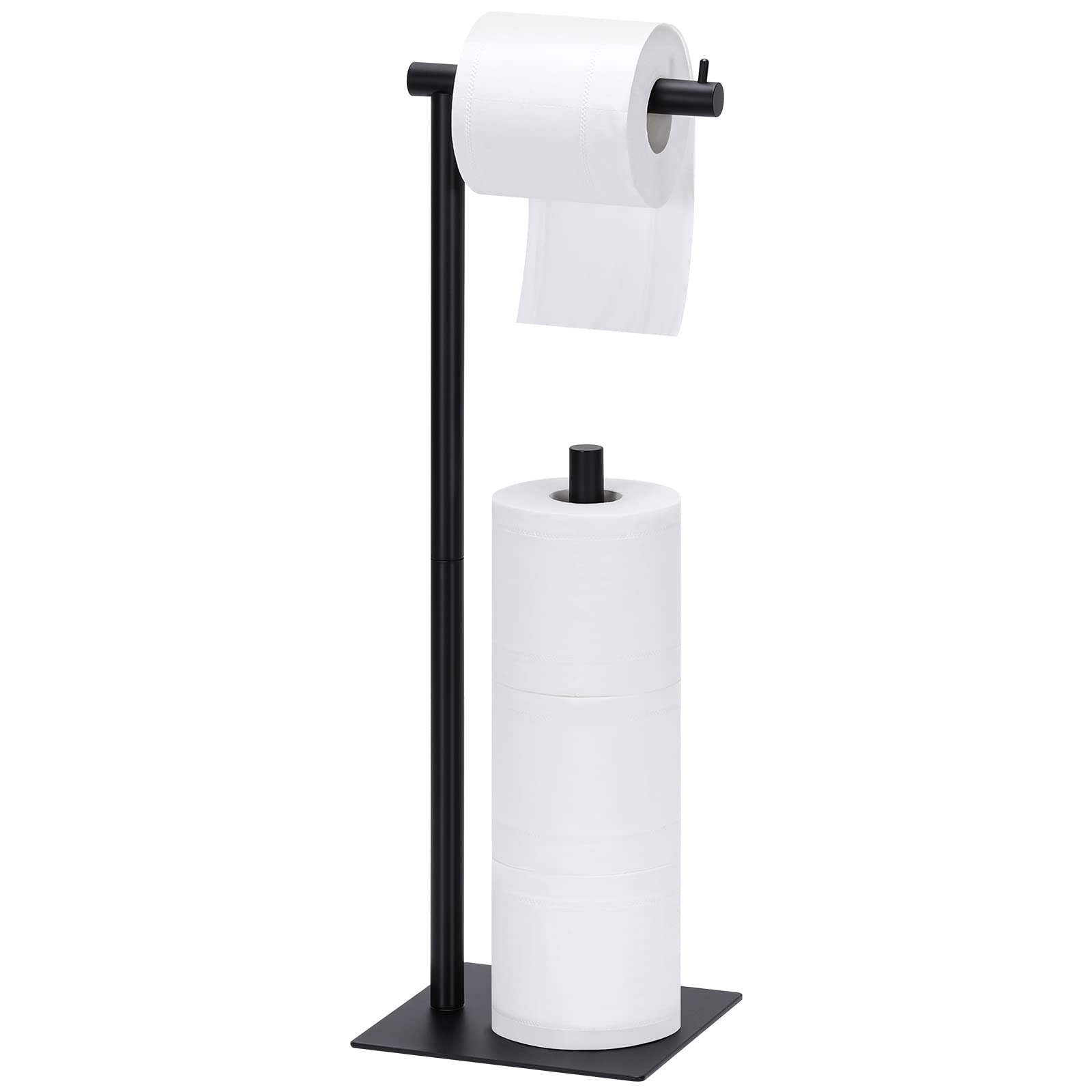 Black Free Standing Toilet Paper Holder with Square Base - Bathroom Tissue Roll Dispenser & Organizer for Lavatory, Home, Office, and RV Use