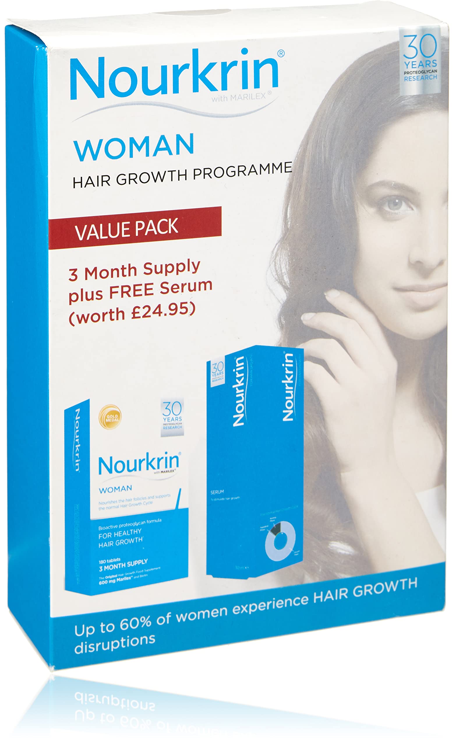 Nourkrin Woman Hair Growth Supplement - 3 Month Supply with Free Serum | Promotes Thicker, Healthier Hair for Women | Ideal for Daily Use & Hair Care Routine