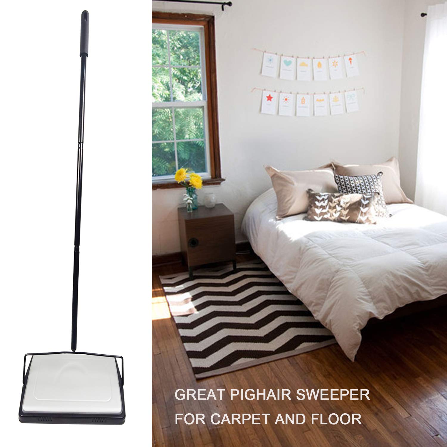 EZ SPARES Quiet Carpet Sweeper with Pig-Bristles - Strong Roller Brush for Home & Office Cleaning