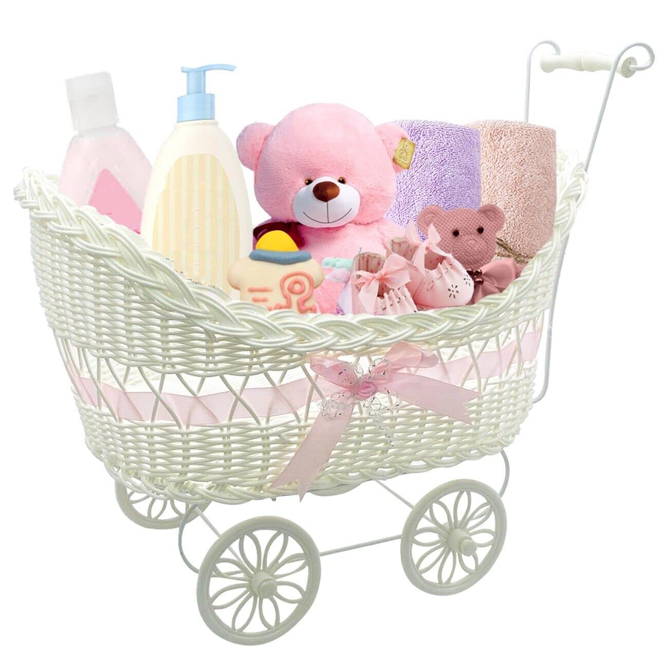 SAFRI Baby Pram Hamper - Wicker Toy Basket with Handles & Wheels - Perfect Baby Shower Gift for Boys & Girls - Newborn Nursery Storage Organizer (Pink) - Ideal for Nursery Decor, Toy Storage & Baby Essentials Organization