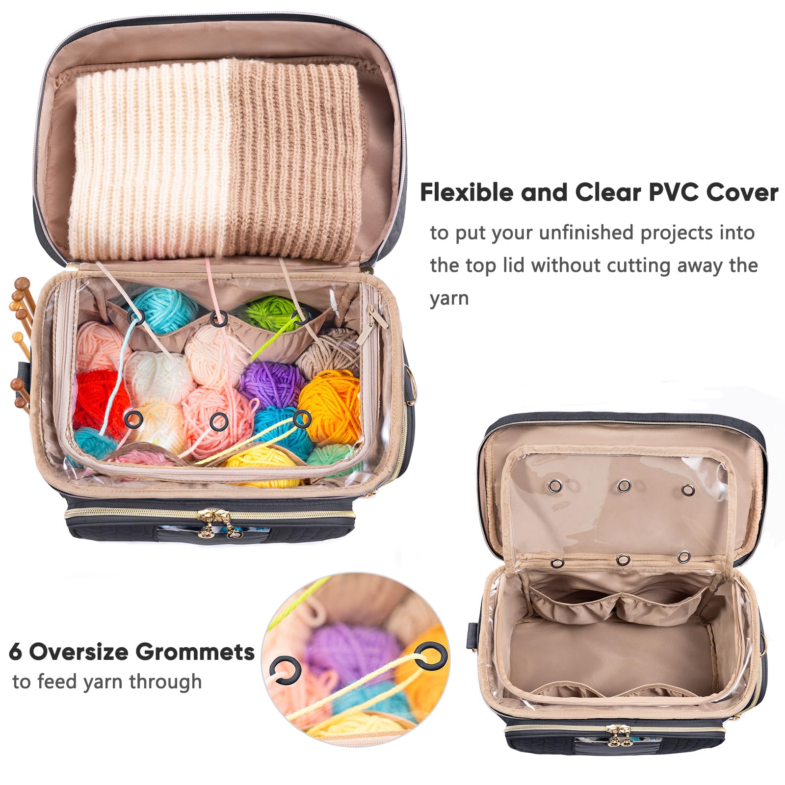 Crochet Bag Organizer with Pockets - Yarn Storage & Knitting Bag for Crochet Hooks & Accessories - Portable Craft Organizer for Knitting, Crocheting, Travel & Home Use