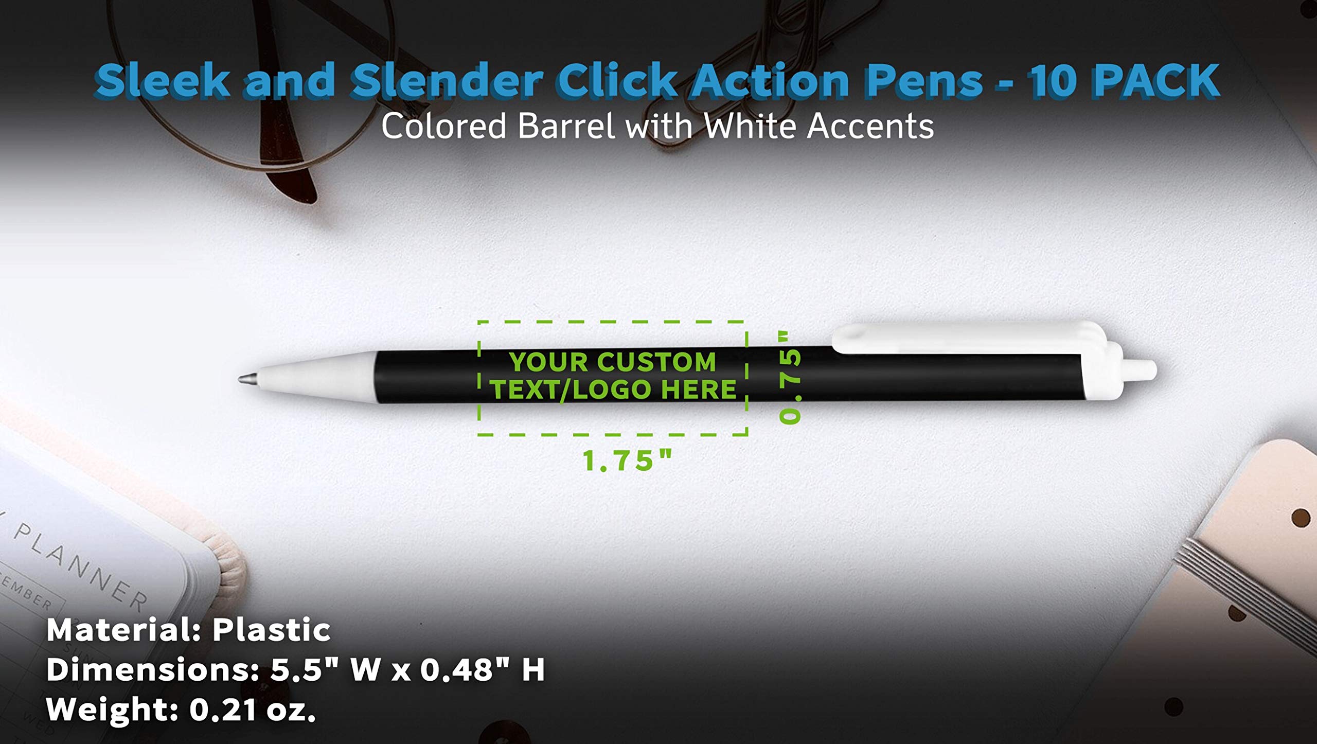 10-Pack Retractable Ballpoint Pens with Custom Text & Logo - Slim Barrel, Black Ink - Ideal for Office, School, Business Promotions & Corporate Gifts