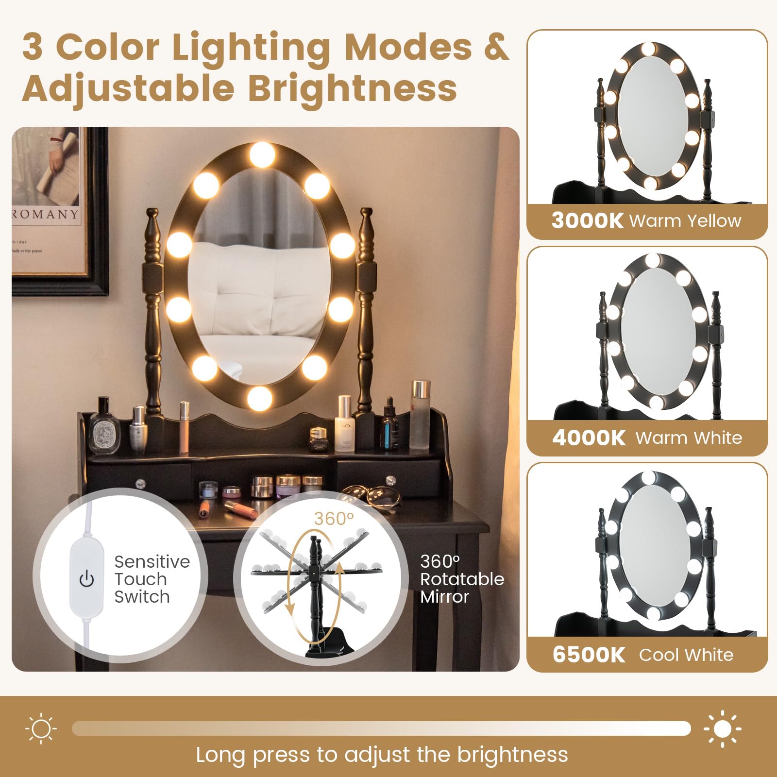 Charmaid Girls Makeup Vanity Desk with LED Lights - Adjustable Brightness & 3 Lighting Modes - Modern Vanity Table with Lighted Mirror, 3 Drawers & Stool - Perfect for Small Spaces & Bedroom Decor (Black)