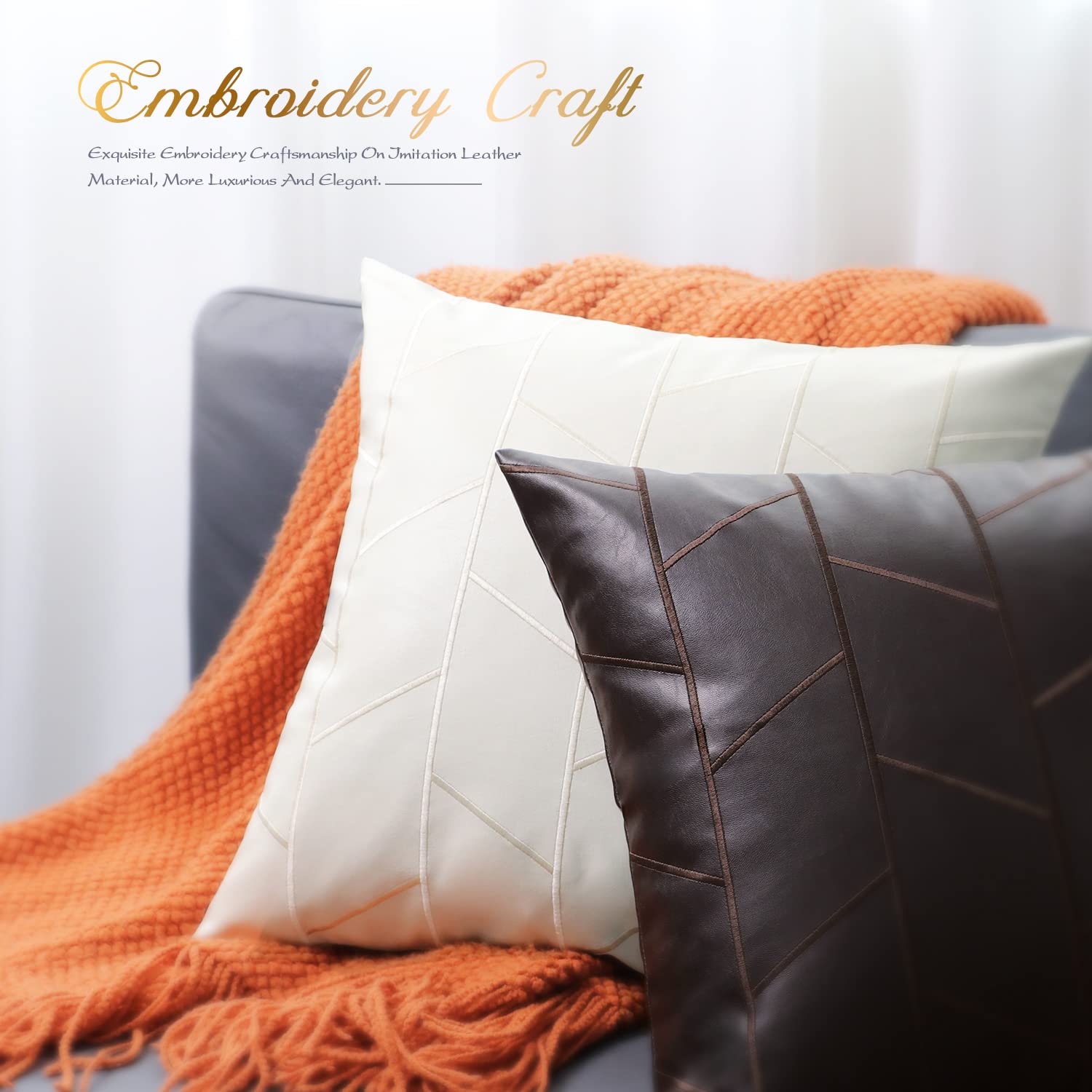 BRAWARM 16x16 Inch Faux Leather Pillow Covers Set of 2 - Brown Geometric Embroidery Decorative Throw Pillows for Couch, Sofa, Bed & Living Room - Home Decor Accent for Modern & Farmhouse Style