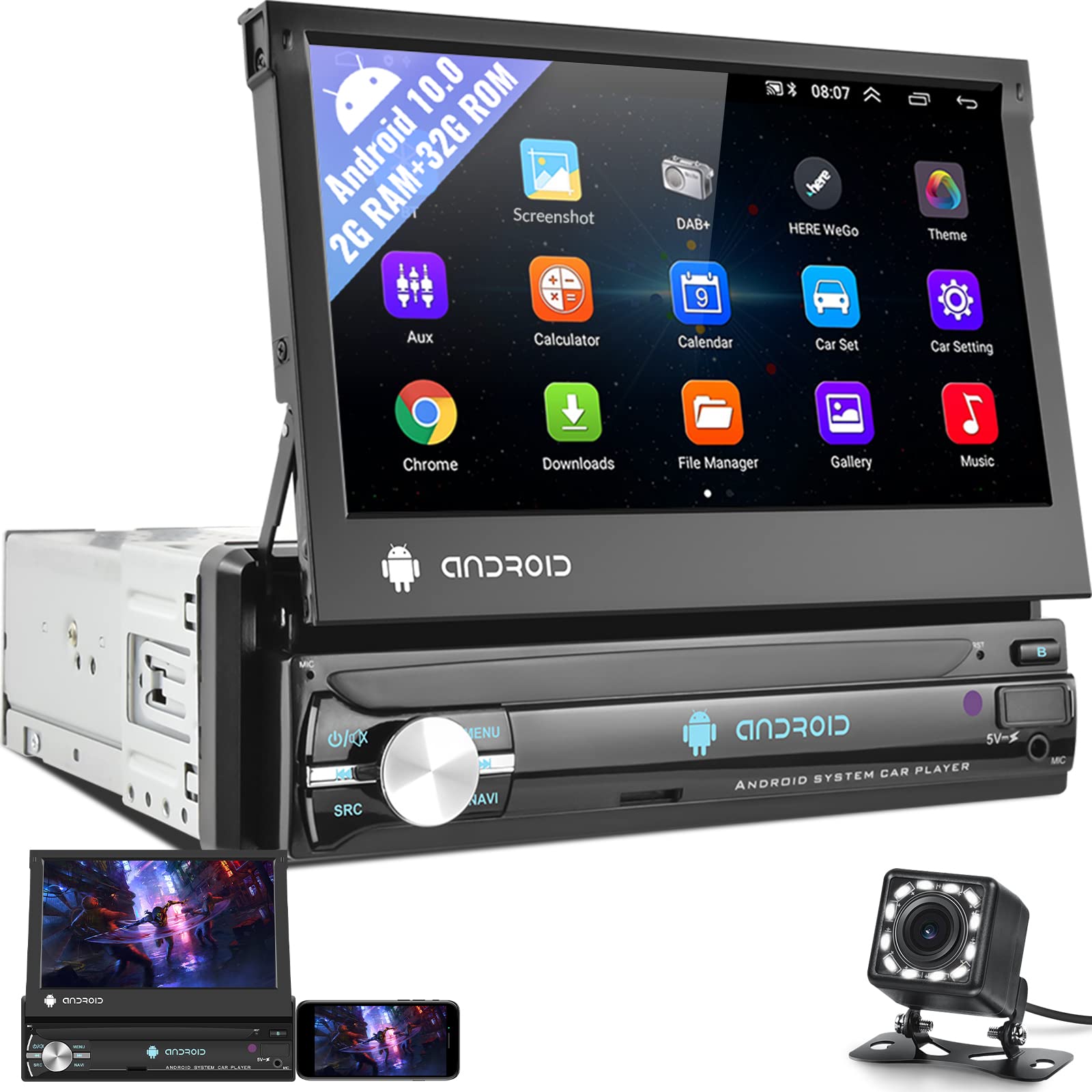 UNITOPSCI 7 Inch Android 10.0 Car Stereo - 2GB RAM 32GB ROM Single Din Flip Out Touch Screen GPS Navigation Head Unit with Bluetooth, WiFi, Backup Camera, FM, Mirror Link & DVR Support | Perfect for Road Trips, Commuting & Hands-Free Driving