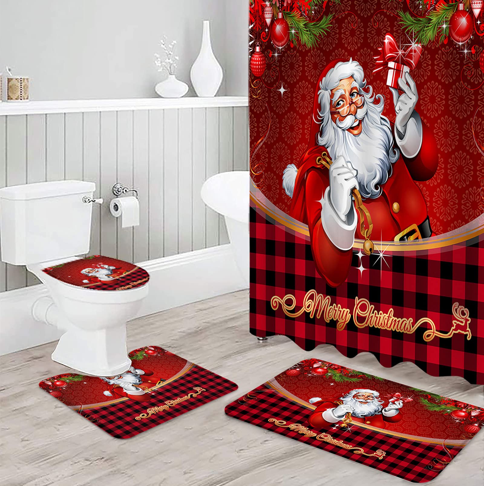 4-Piece Christmas Bathroom Set - Santa Claus Shower Curtain, Non-Slip Bath Mats, Toilet Lid Cover & U-Shaped Rug - Buffalo Black Red Check Waterproof Decor for Holiday Home Decoration (Perfect for Christmas Bathroom Makeover & Festive Guest Welcome)