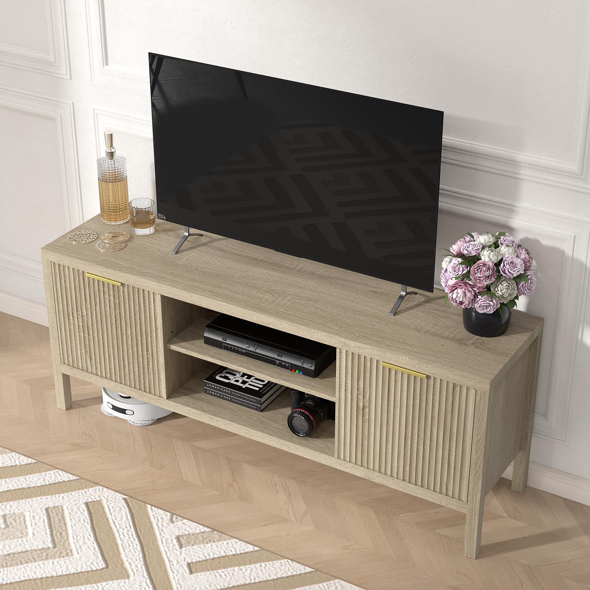 Mid Century Modern Fluted TV Stand with Storage Cabinet - Heavy Duty Entertainment Center for 65-Inch TVs - Sunwashed Ash Oak Finish - Perfect for Bedroom, Living Room & Home Theater Setup