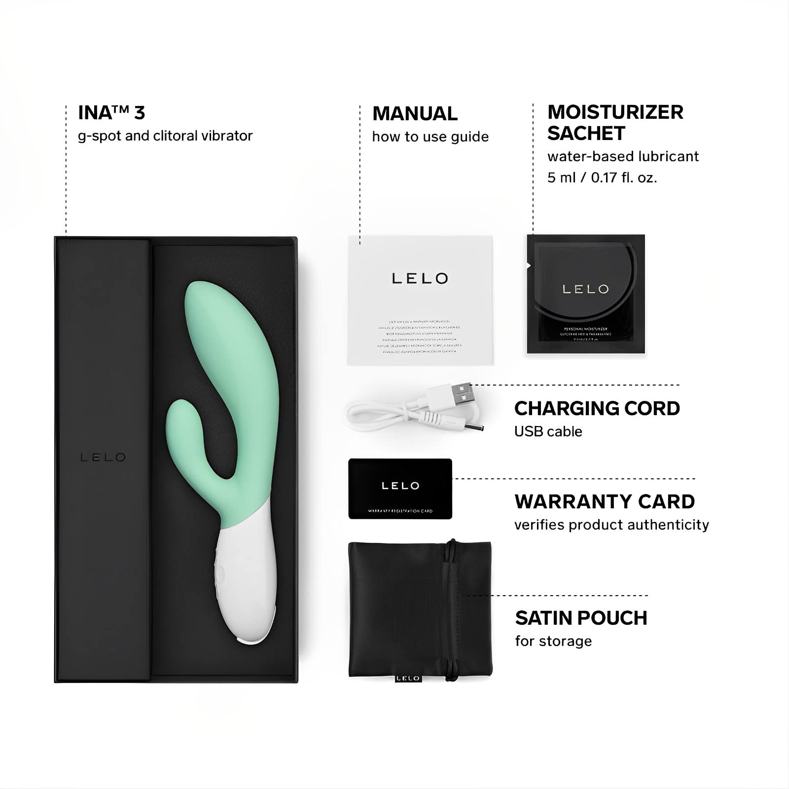 LELO INA 3 G-Spot & Clitoral Rabbit Vibrator for Women - 10 Powerful Vibration Modes, Waterproof Design, Ultra-Soft Body-Safe Silicone - Perfect for Solo Play & Couples Intimacy - Enhance Your Pleasure in Bedroom, Bath or Travel