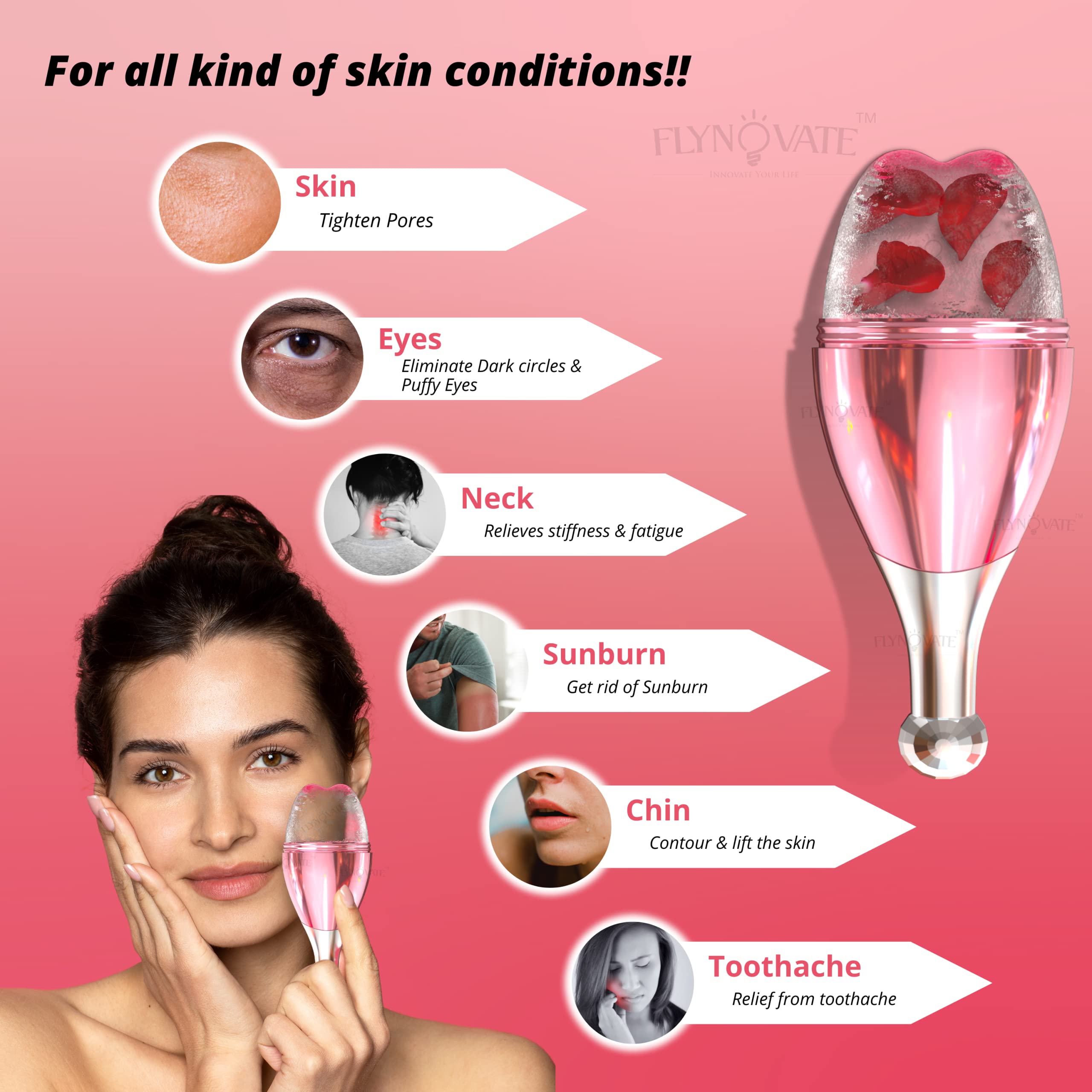 Flynovate 3-in-1 Cooling Face Massager - Reusable Anti-Aging Ice Roller with Sprayer & Silicone Brush for Glowing Skin & Dark Circle Relief | Perfect for Skincare Routine, Morning Refresh & Spa Treatments