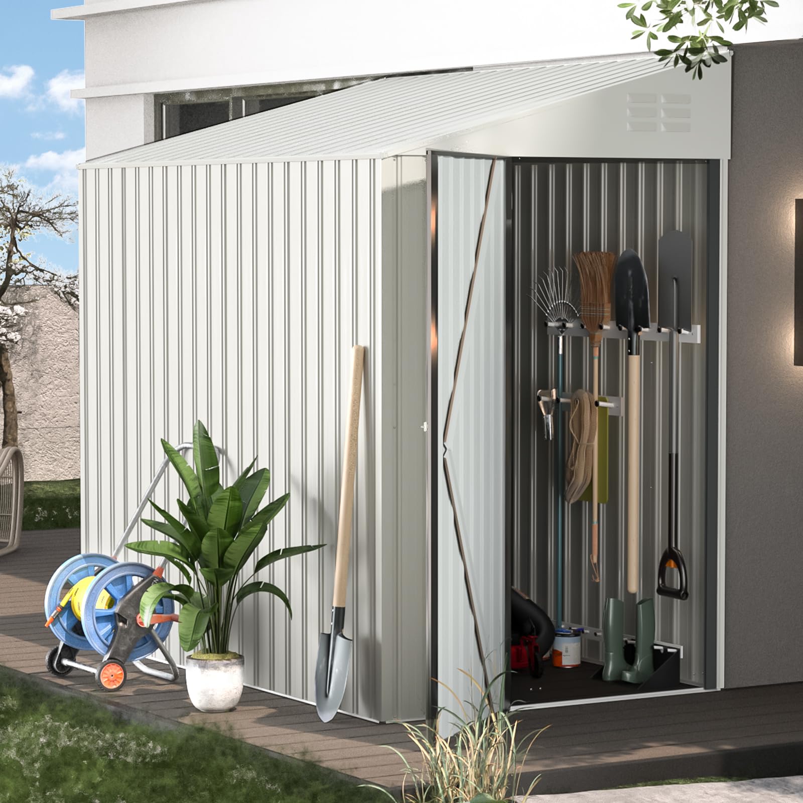 AECOJOY 4.2' x 7' White Metal Outdoor Storage Shed with Side Door - Lean-to Garden Shed for Backyard, Patio & Lawn Equipment Storage - Perfect for Storing Tools, Bikes & Seasonal Items