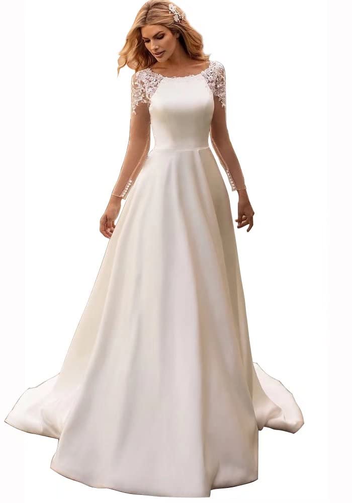 Elegant Long Sleeve Boat Neck Wedding Dress with Button Back - Crepe Satin Bridal Gown for Bride | Perfect for Church, Beach, and Formal Wedding Ceremonies