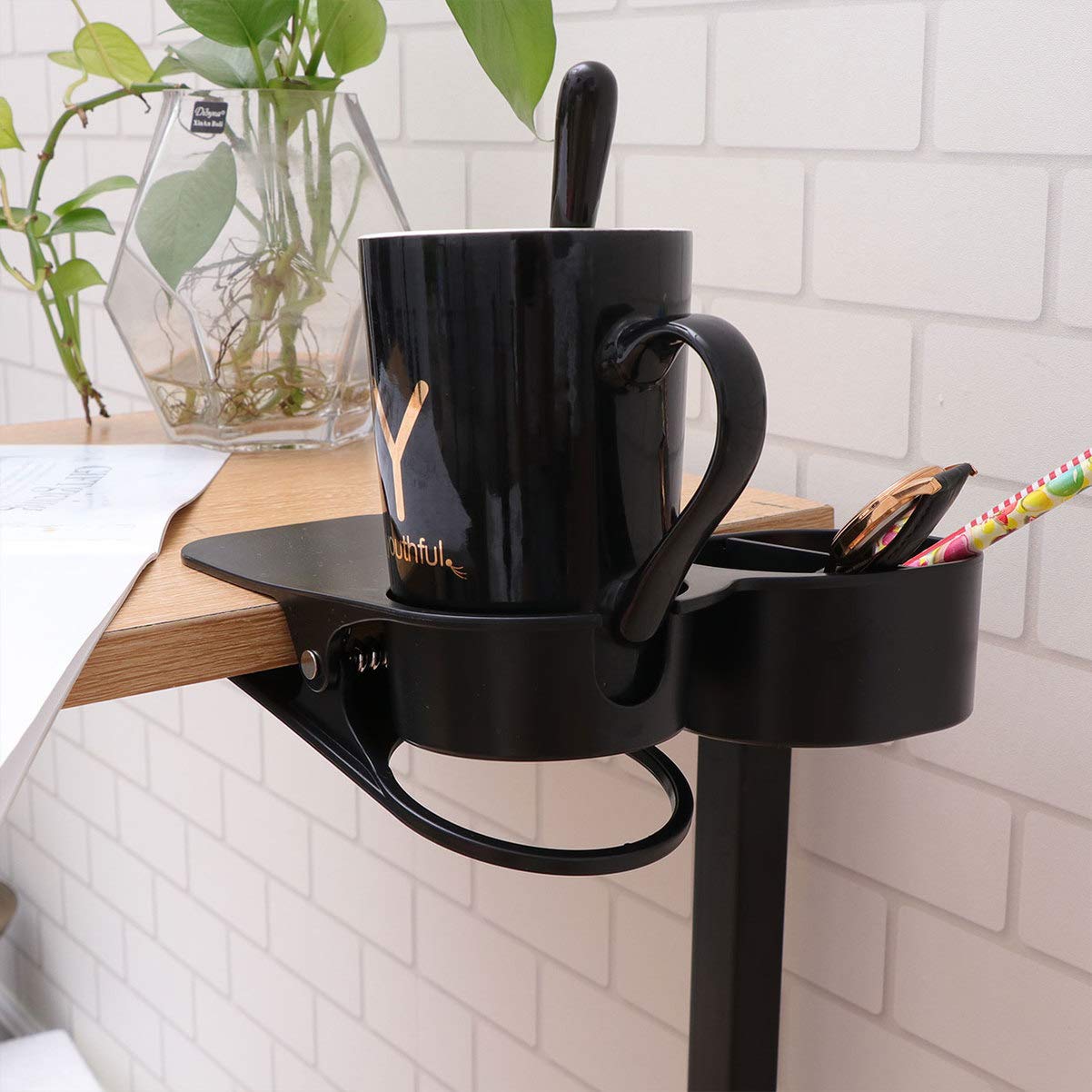UPKOCH Clip On Cup Holder - Adjustable Drink Beverage Mug Organizer for Desk, Table, Car, Office & Home - Perfect for Coffee, Tea, Soda & Water Bottles (Black) - Ideal for Workstations, Study Tables & Vehicle Use