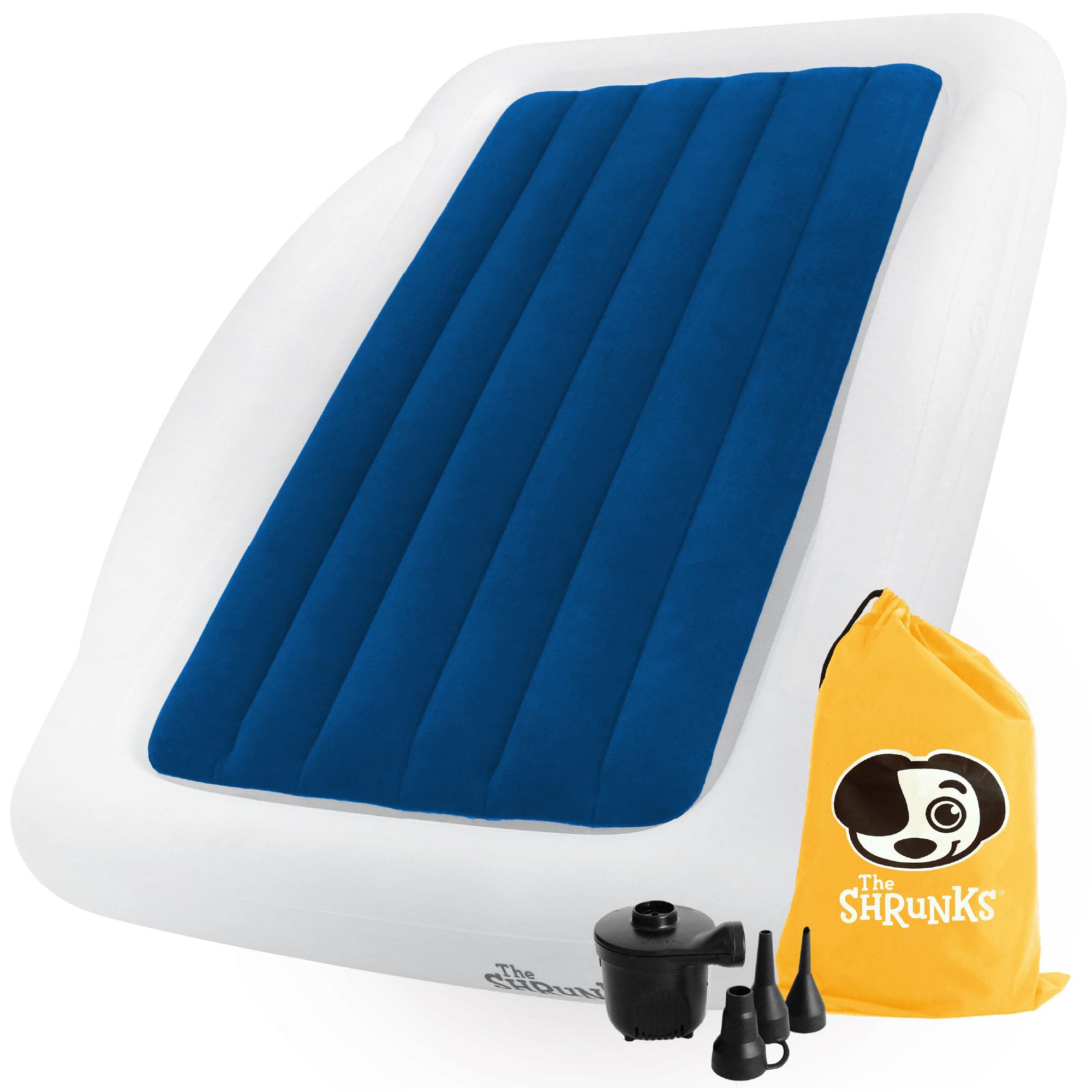 Portable Inflatable Toddler Travel Air Mattress with Side Rails & Electric Pump - Lightweight Kids Floor Bed for Camping, Hotels, Home & Outdoor Use | Perfect for Sleepovers, Road Trips & Backyard Adventures (Blue)