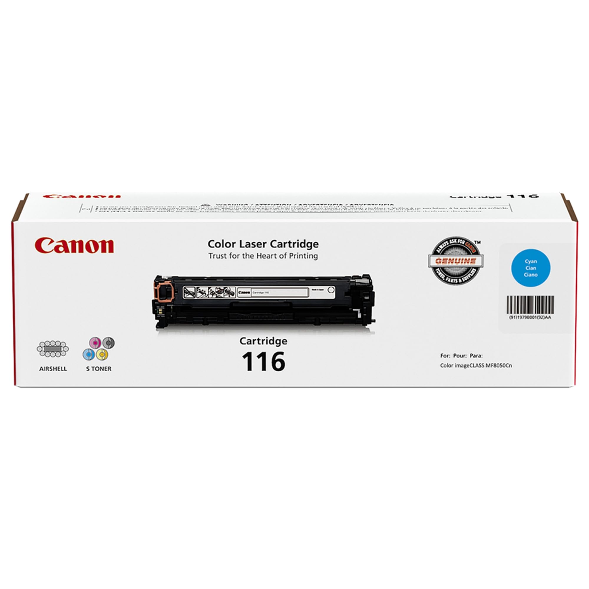 Canon 1979B001 Genuine Cyan Toner Cartridge (116) - 1 Pack for Canon Color imageCLASS MF8050Cn & MF8080Cw Laser Printers - Ideal for Office Printing, High-Quality Color Documents & Professional Graphics
