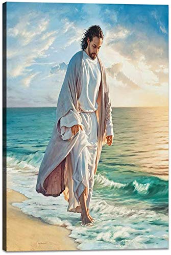 Jesus Walks On Beach Framed Wall Art - Religious Christian Decor for Bedroom, Office & Living Room - Ready to Hang Inspirational Picture - Perfect for Prayer Spaces & Gift Giving