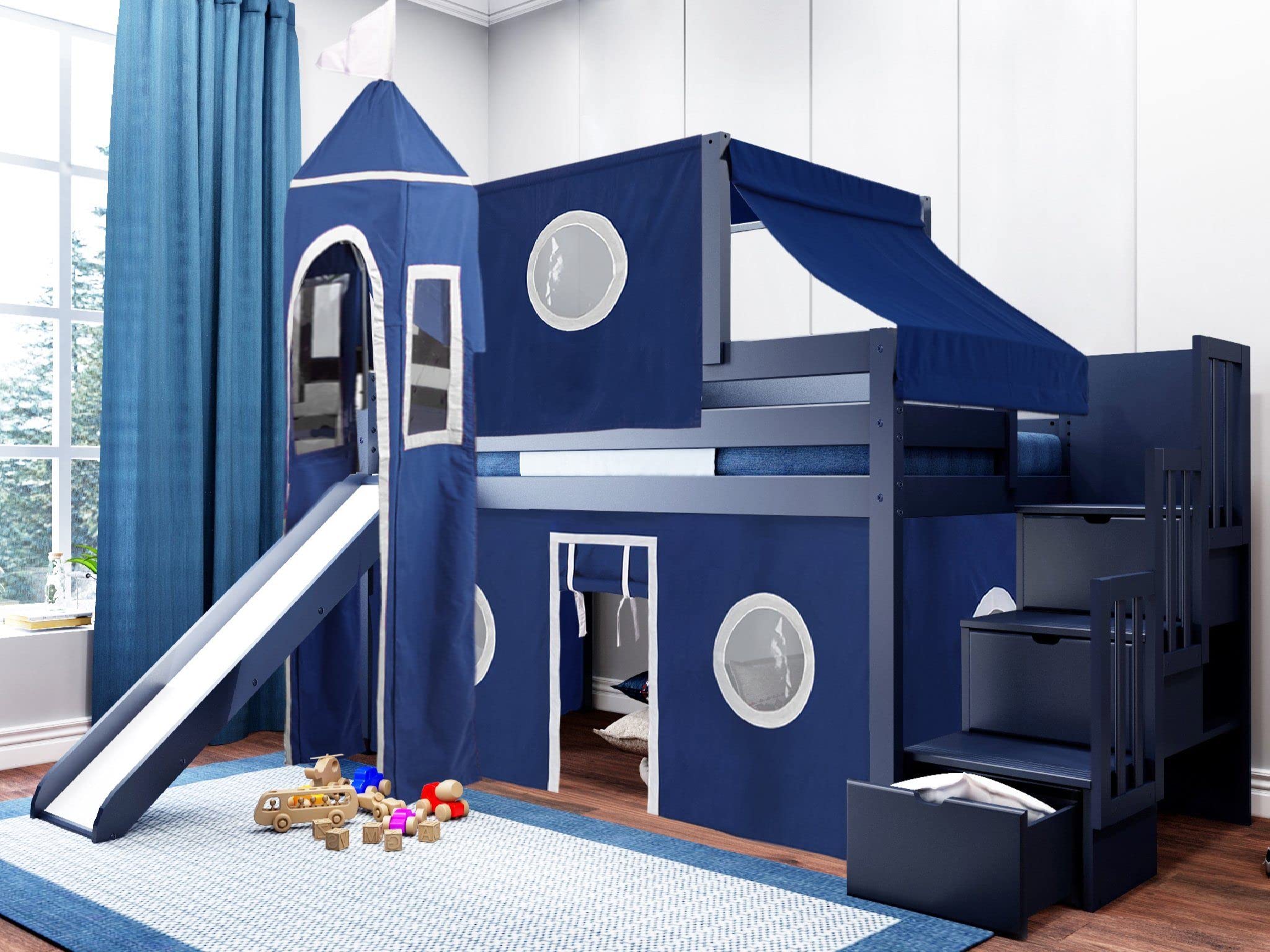 Castle Low Loft Stairway Twin Bed with Slide, Blue & White Play Tent and Tower - Kids Fantasy Loft Bed for Bedroom & Playroom - Perfect for Imaginative Play and Space Saving
