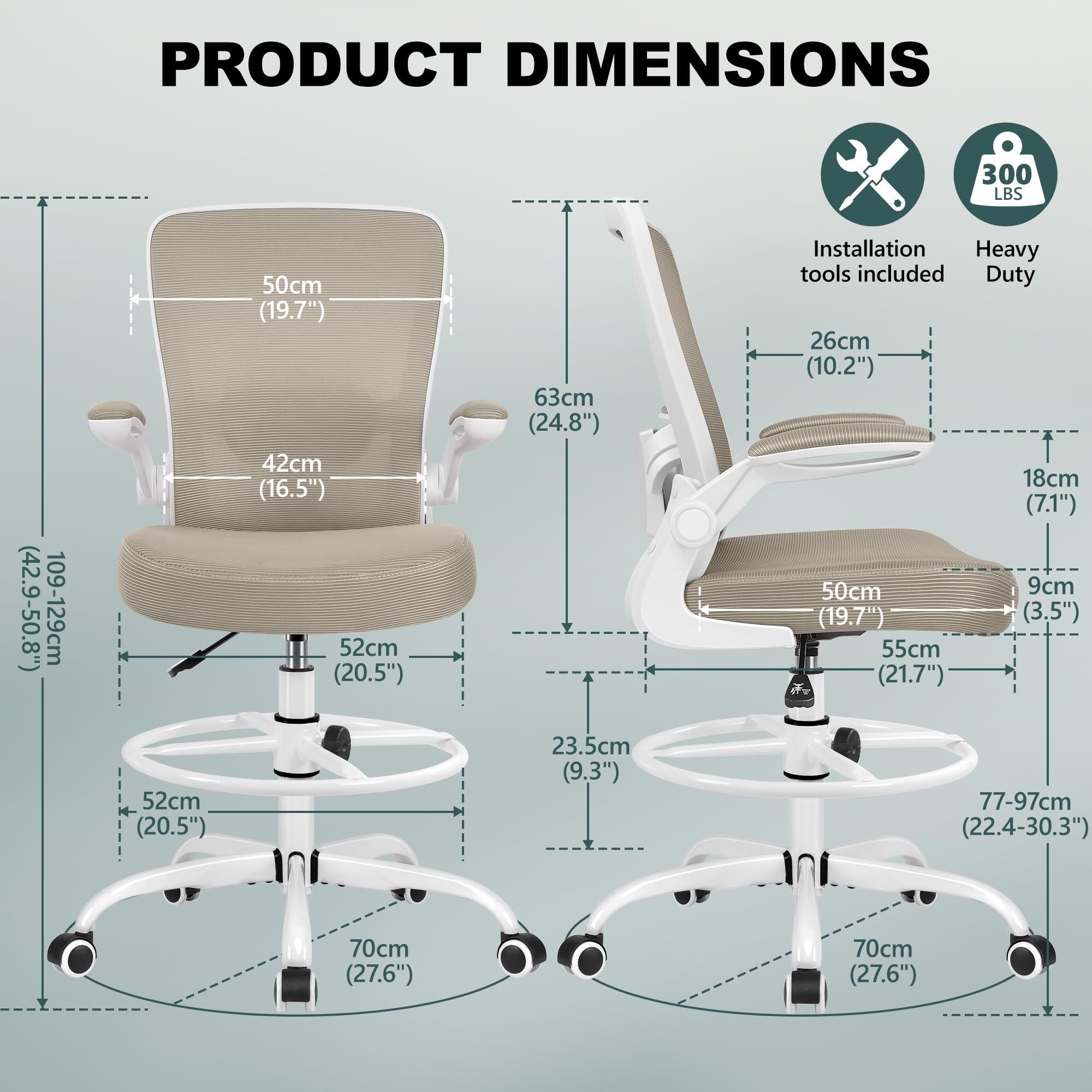 FelixKing Ergonomic Drafting Chair - Adjustable Height Office Chair with Breathable Mesh Back, Footrest, Lumbar Support & Flip-up Armrests | High Back Executive Computer Chair for Home Office, Studio & Architects - Perfect for Long Work Sessions & Creative Workspaces
