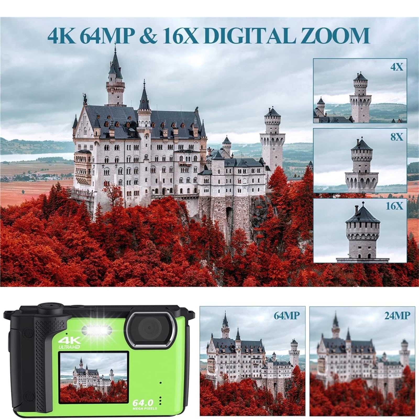 Dual Screen 64MP Digital Camera with WiFi & 4K Video - 2.8