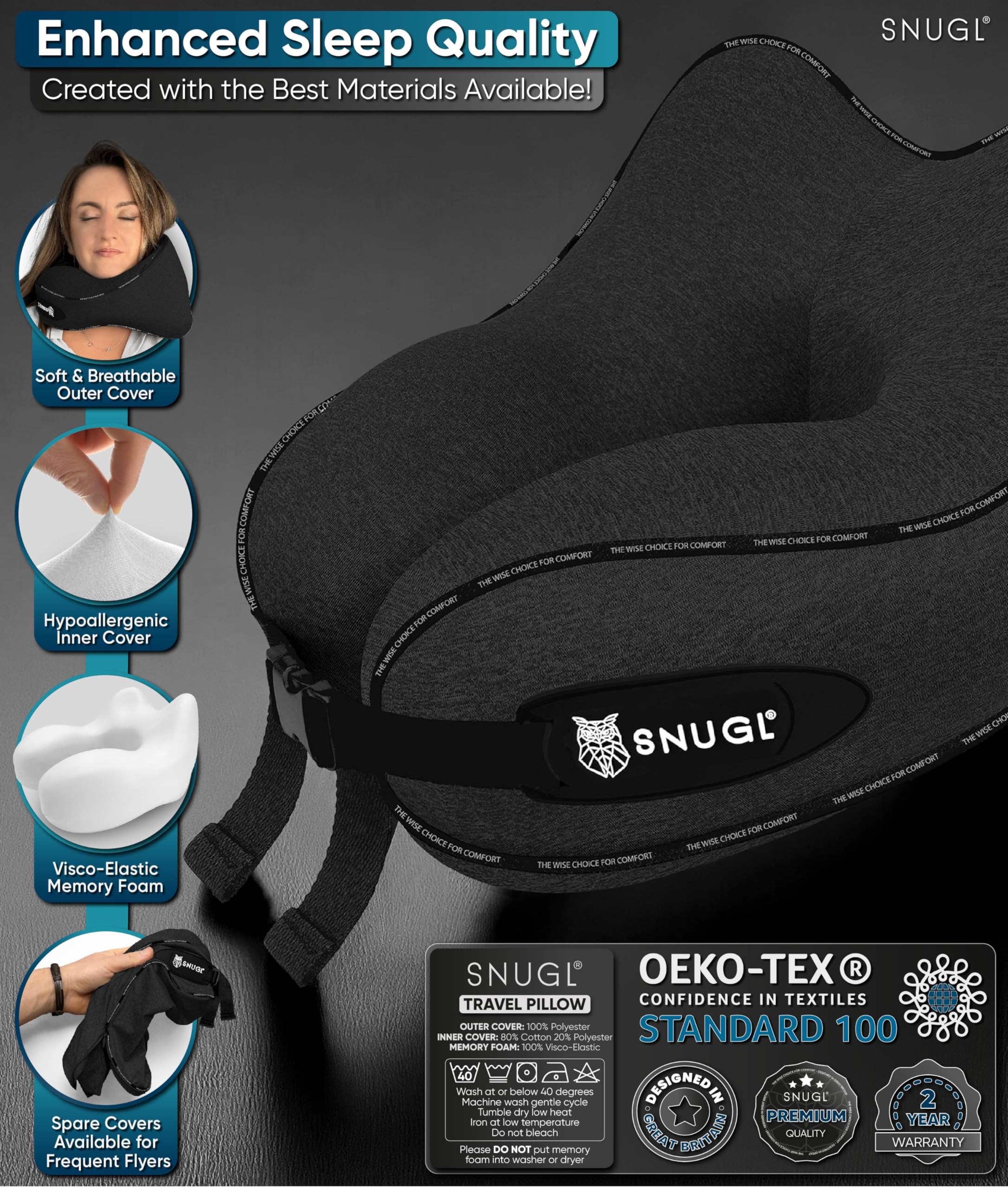 SNUGL Memory Foam Travel Neck Pillow for Airplane Sleeping - Ergonomic Neck Support with Carry Bag & Clip - Best Flight Travel Accessories for Long Haul Flights, Road Trips & Camping - Black