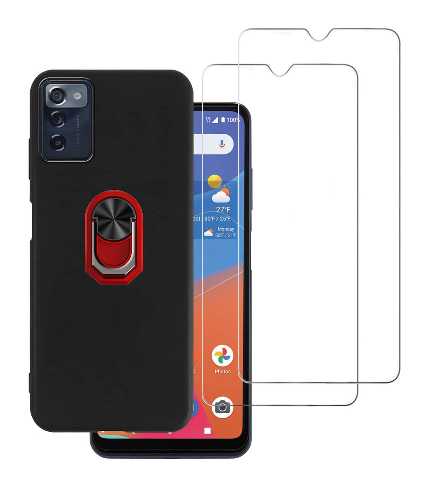 Premium 2-Pack Tempered Glass Screen Protector & Full Body Defender Shockproof Case with Kickstand & 360 Ring Holder for ZMAX 5G - Red | Perfect for Consumer Cellular ZMAX 5G Protection | Ideal for Outdoor Activities, Work & Everyday Use