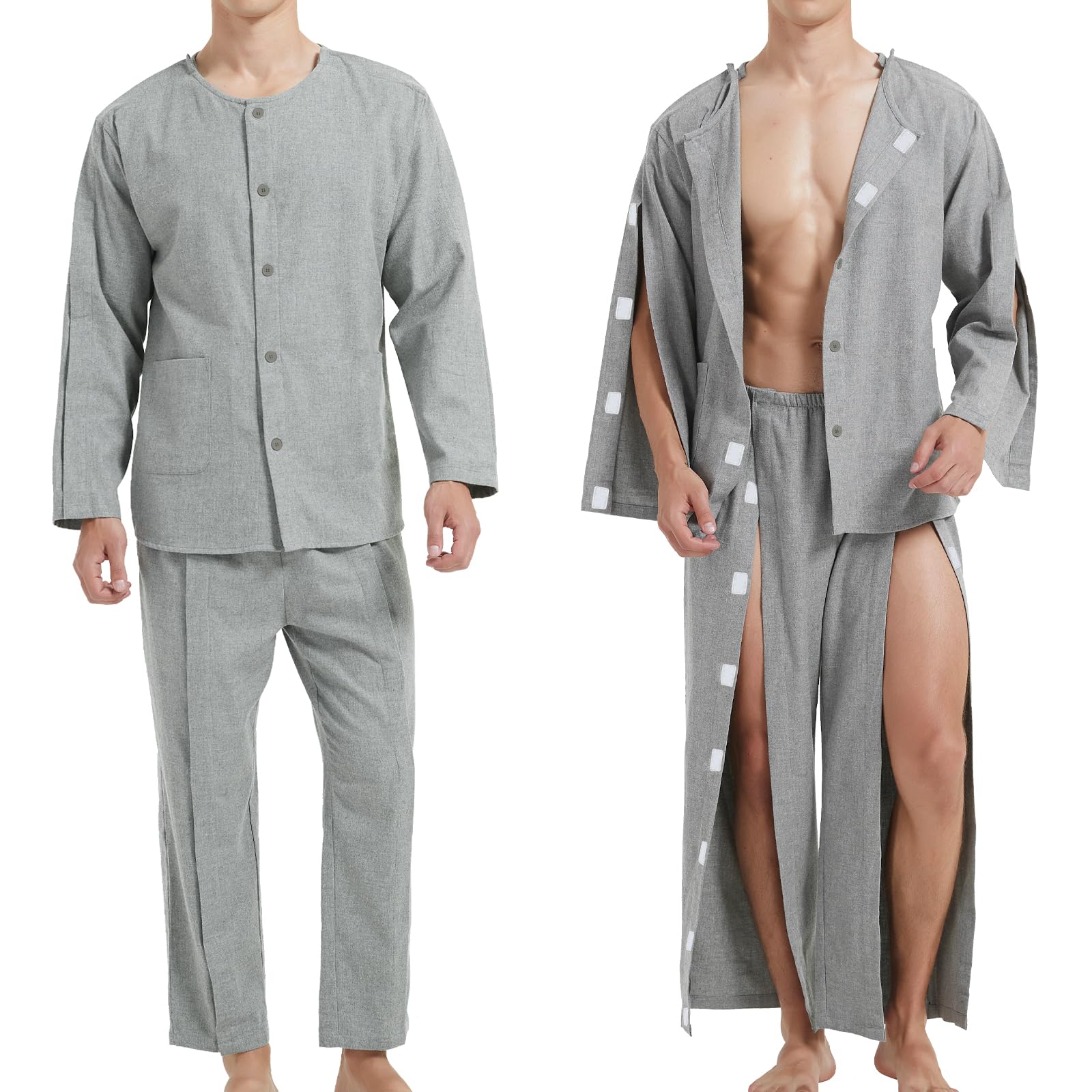 Men's Comfortable Hook & Loop Cotton Tear-Away Hospital Gowns for Bedridden Patients - Post Surgery, Dialysis & Elderly Home Care - Soft Thick Fabric for Recovery & Comfort