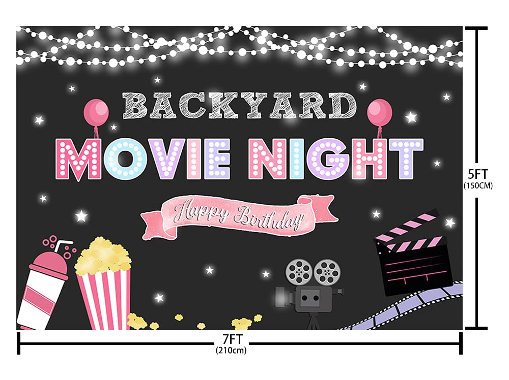 7x5ft Pink Movie Night Backdrop for Girls - Birthday Party Decorations, Backyard Projector Screen, Cake Table Banner, Popcorn & Sparkling Drink Background - Perfect for Birthday Parties, Movie Nights & Outdoor Gatherings