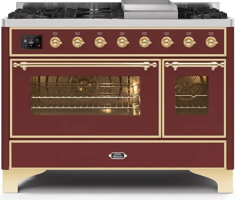 ILVE 48 Inch Majestic II Dual Fuel Professional Range - 8 Sealed Brass Burners with Griddle - Burgundy Color with Brass Trim (Model UM12FDNS3BUG) - Perfect for Gourmet Kitchens & Luxury Home Cooking