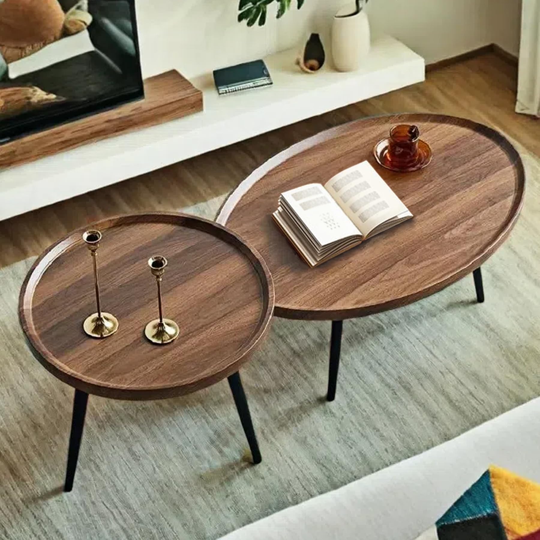 Mid Century Modern Nesting Coffee Table Set of 2 - Oval & Round Side Tables for Living Room, Bedroom, Small Spaces - Walnut Finish | Perfect for Compact Apartments, Cozy Reading Nooks & Contemporary Home Decor