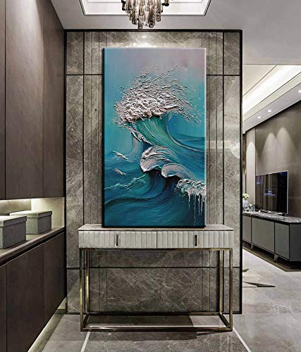 YaSheng Art - Hand-Painted Abstract Ocean Oil Painting on Canvas, Blue Seascape Wall Art, 24x48 Inch - Perfect for Living Room, Bedroom & Office Decor