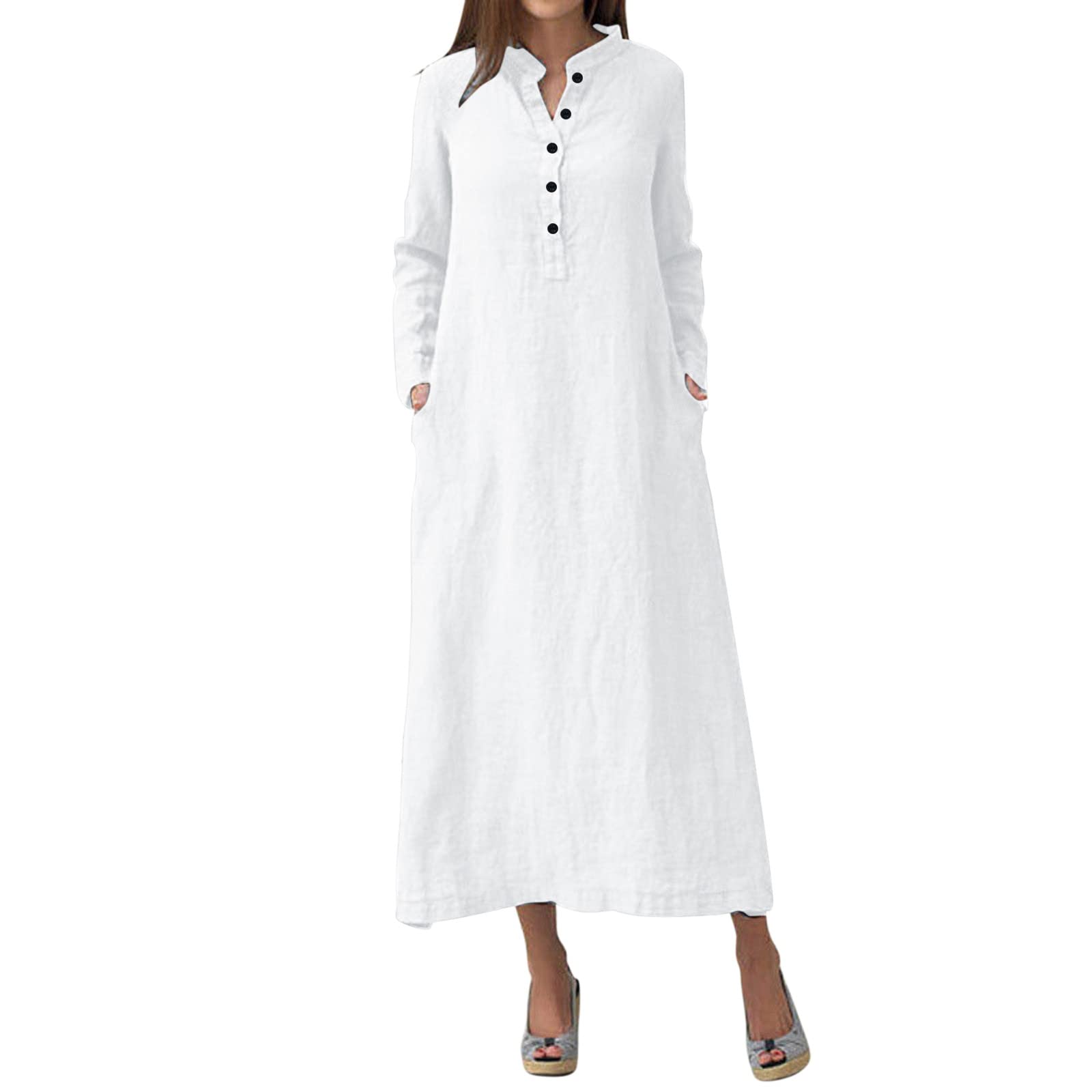 Women's Long Sleeve Casual Dress - Solid Color Round Neck Button Up Sun Dress for Everyday Wear, Office & Outdoor Activities